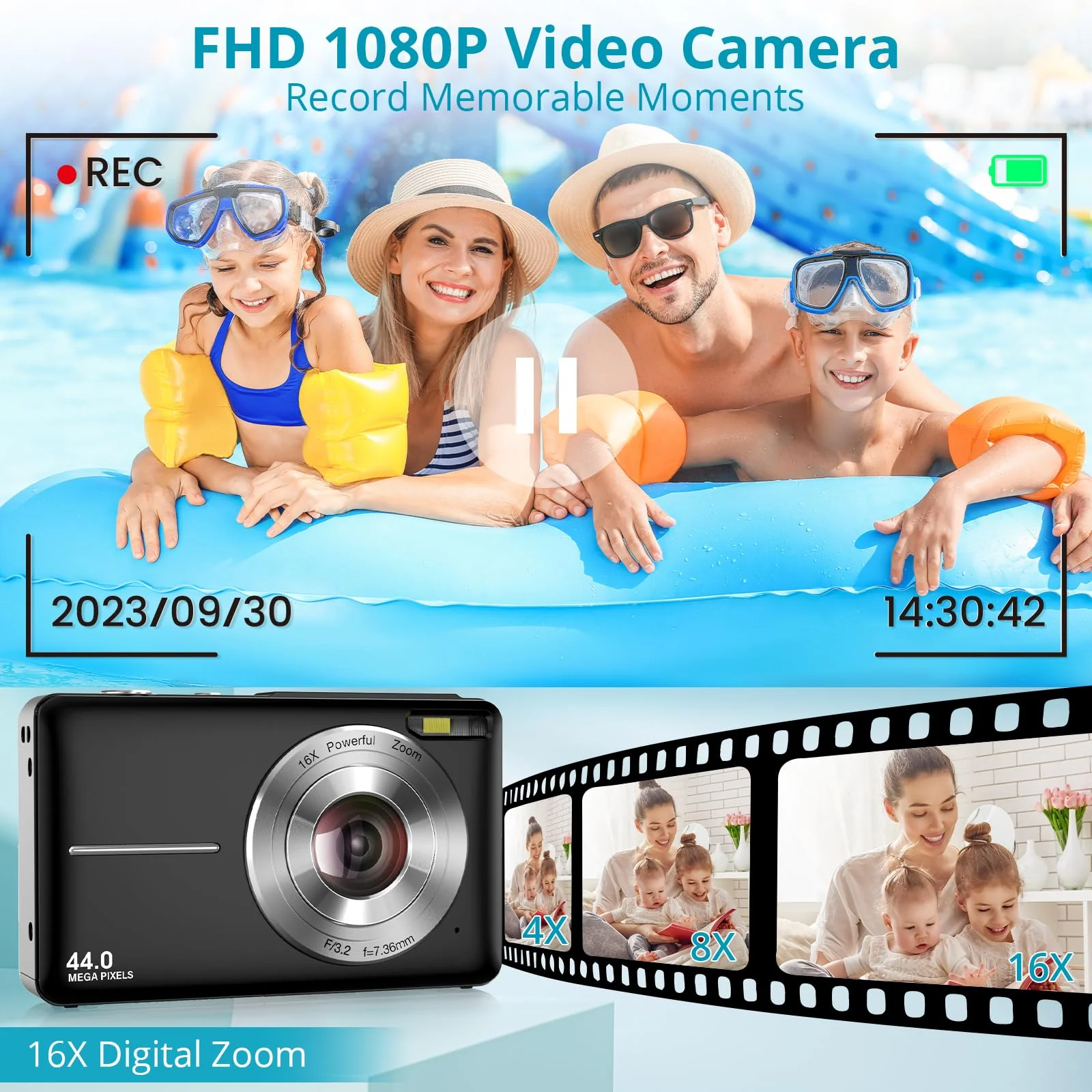 Digital Camera Newest 1080P 44MP Digital Cameras, Digital Point and Shoot Camera for Kids with 16X Zoom, Anti-Shake, Compact Small Travel Camera for Beginner Children Boys Girls Teens Gift Black - Image 3