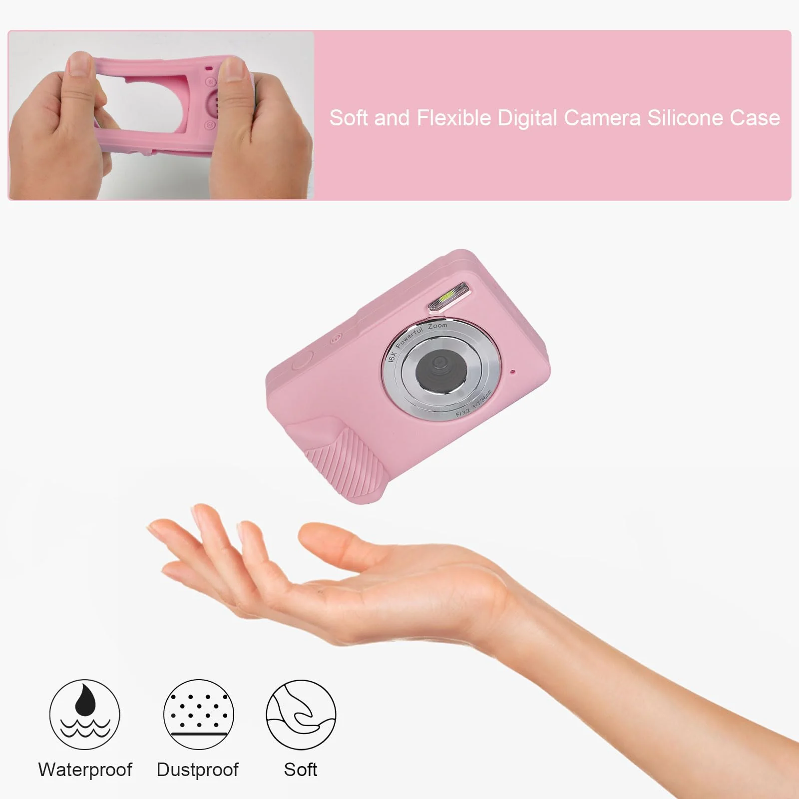 Digital Camera Silicone Case Compatible with CAMKORY/for Lecran/for VAHOIALD/for AiTechny FHD 1080P Kids Camera, Soft Lightweight Protective Sleeve Cover for Point and Shoot Cameras - Pink - Image 4