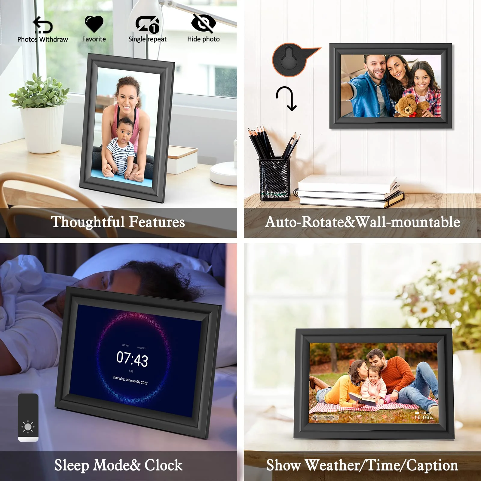 Digital Picture Frame, 10.1 Inch WiFi Digital Photo Frame, IPS HD Touch Screen Electronic Picture Frame, 16GB Storage, Slideshow, Easy to Share Photos and Video via Uhale APP, Gifts for Family 10.1 inch Black - Image 8