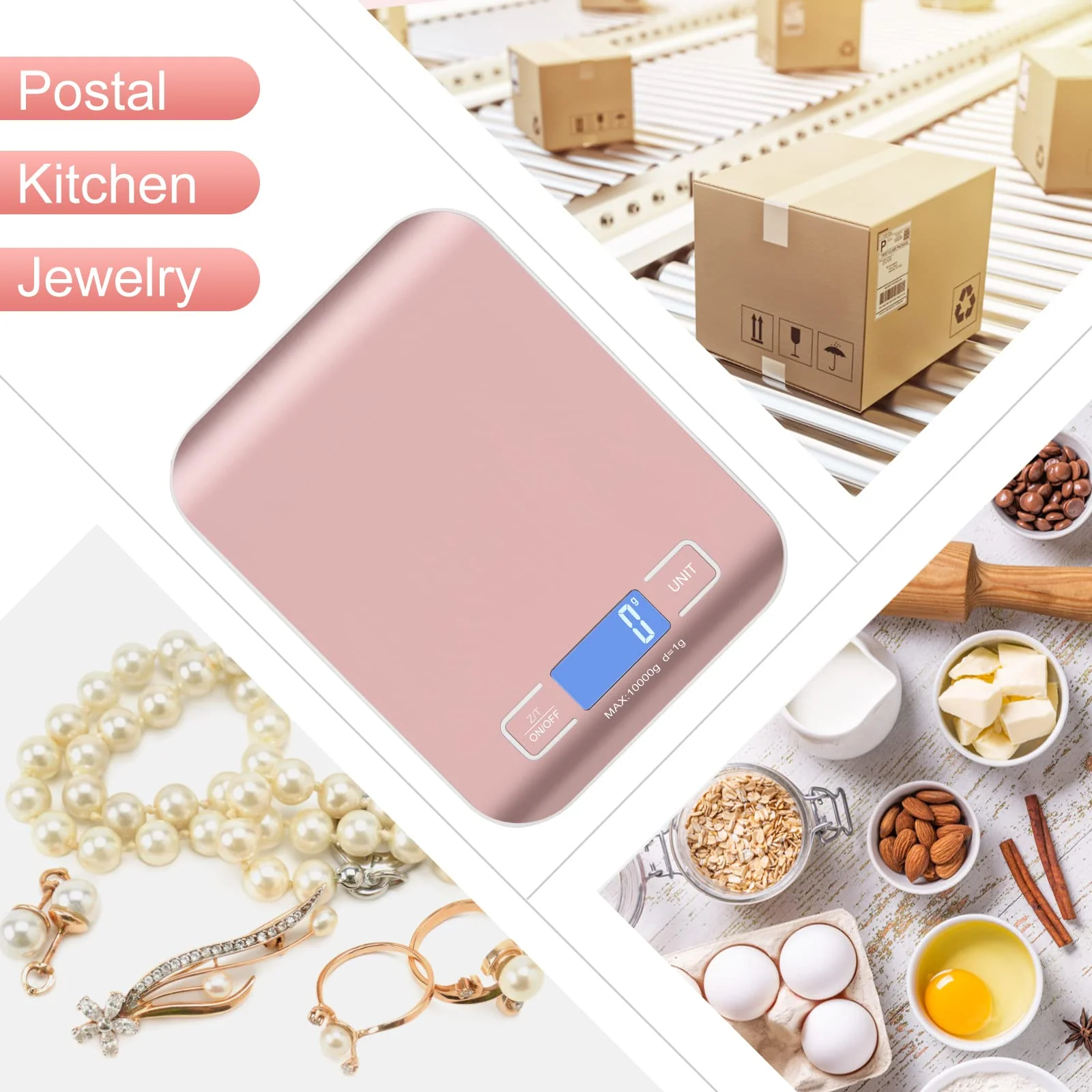 Digital Shipping Scale, Kitchen Scale, Stainless Steel Accurate 10kg/1g Portable Rechargeable Small Postal Scale for Packages, Small Business, Handmade, Liquids, Jewelry, Boutique(Rose Gold) Rose gold Rechargeable(10kg/1g) - Image 2