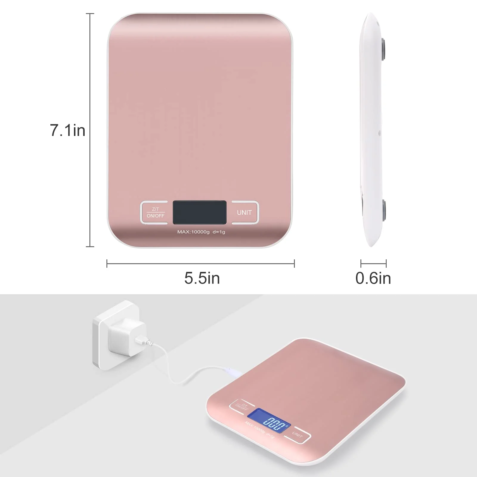 Digital Shipping Scale, Kitchen Scale, Stainless Steel Accurate 10kg/1g Portable Rechargeable Small Postal Scale for Packages, Small Business, Handmade, Liquids, Jewelry, Boutique(Rose Gold) Rose gold Rechargeable(10kg/1g) - Image 7