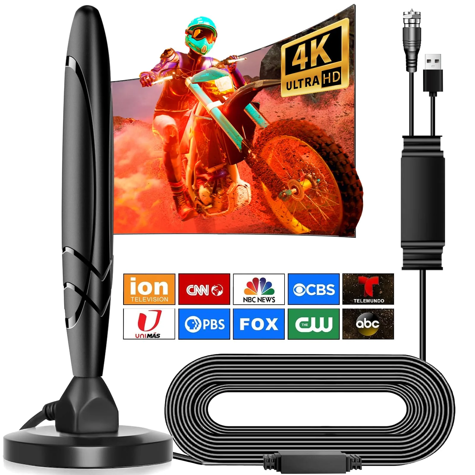 Digital TV Antenna - HDTV Antenna for Smart TV Indoor, 360° Reception, 4K 1080p Support, Amplified Indoor Antenna with Signal Booster, Detachable Amplifier, 20FT Cable, TV Antenna for Local Channels
