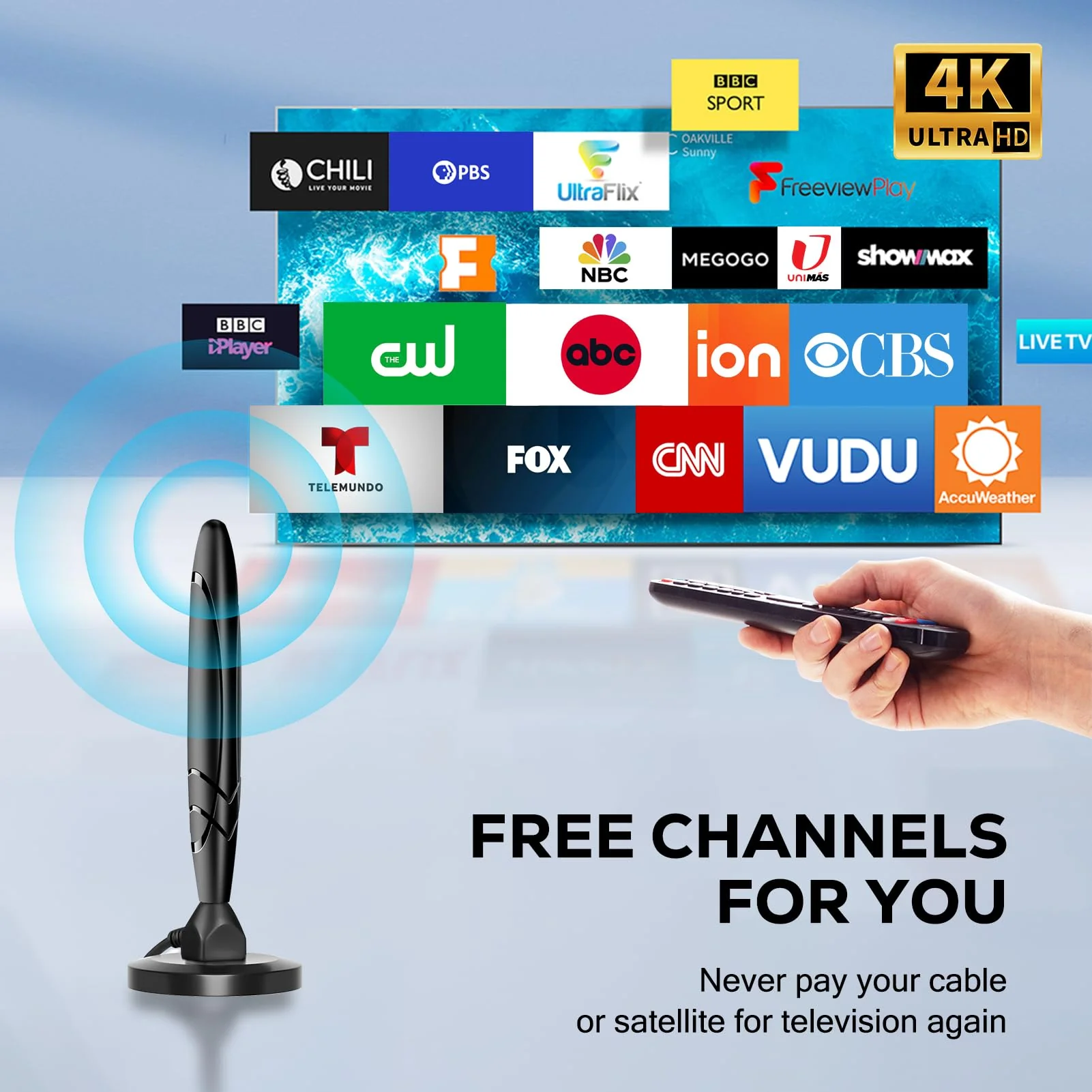 Digital TV Antenna - HDTV Antenna for Smart TV Indoor, 360° Reception, 4K 1080p Support, Amplified Indoor Antenna with Signal Booster, Detachable Amplifier, 20FT Cable, TV Antenna for Local Channels - Image 7