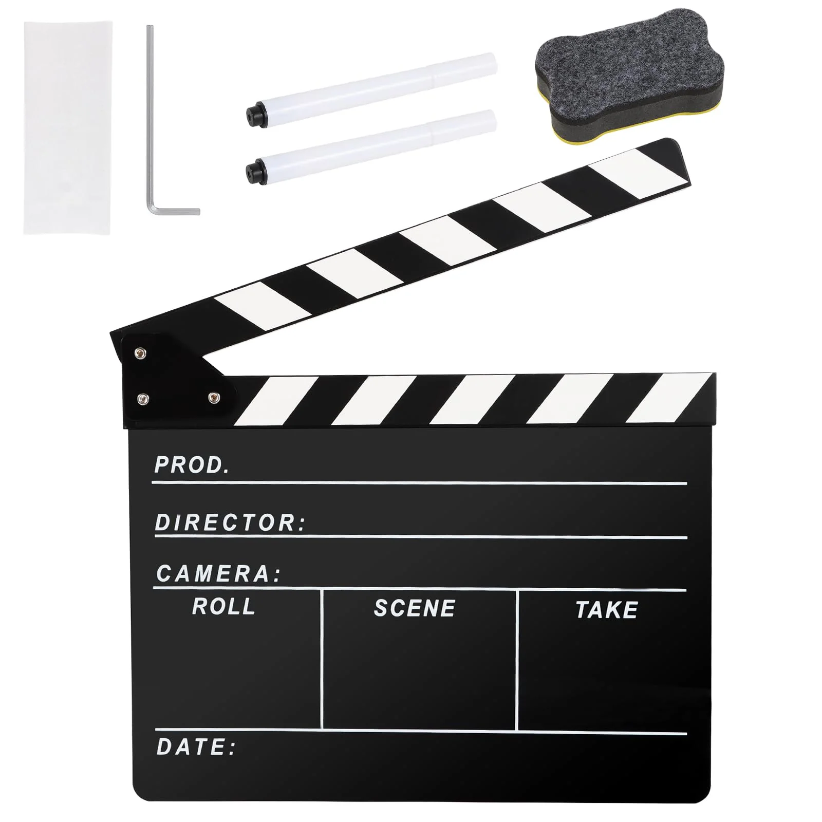 Directors Clapboard for Film, Hollywood Slate Move Photography Video TV Cut Action Scene Acrylic Clapper Board with a Magnetic Blackboard Eraser, Two Custom Pens, Cleaning Cloth and Hex Wrench