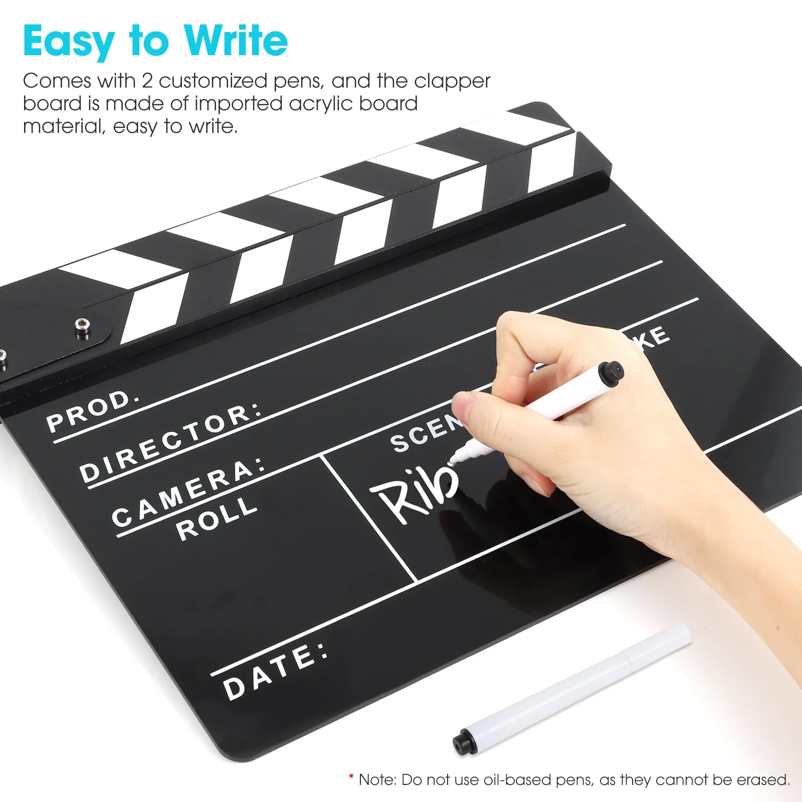 Directors Clapboard for Film, Hollywood Slate Move Photography Video TV Cut Action Scene Acrylic Clapper Board with a Magnetic Blackboard Eraser, Two Custom Pens, Cleaning Cloth and Hex Wrench - Image 5