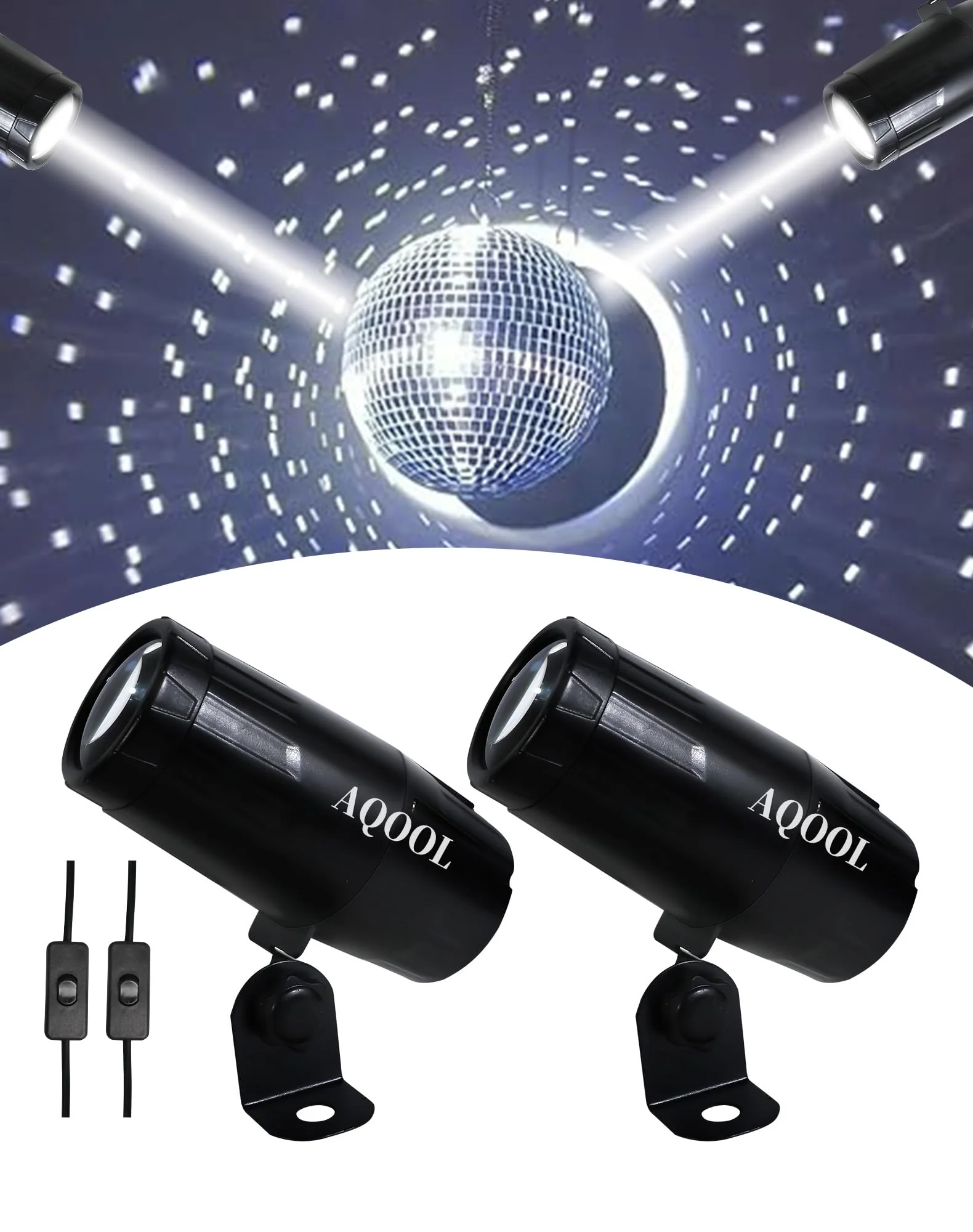 Disco Ball Spotlight 2 Pack, AQOOL Mini Pinspot Lights 5W White LED Beam Pin Spot Light Mirror Dsico Ball Light with ON/Off Button for Disco Party Bar DJ Events (No Remote)