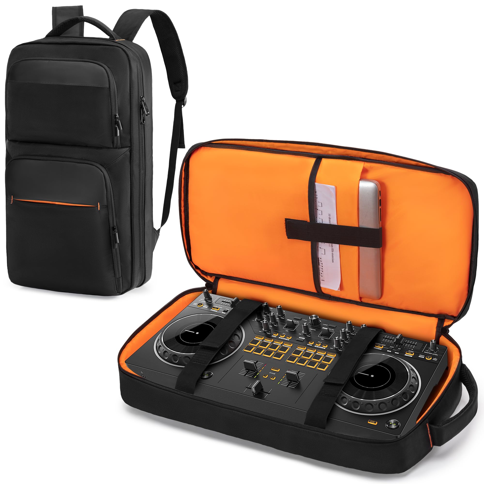 DJ Controller Backpack Compatible with DDJ 400/ SB2/ SB3/ DDJ-REV1/ DDJ-FLX4, Padded DJ Controller Storage Bag with Laptop Sleeve, DJ Mixer Carrying Case for DJ Equipment, Cable