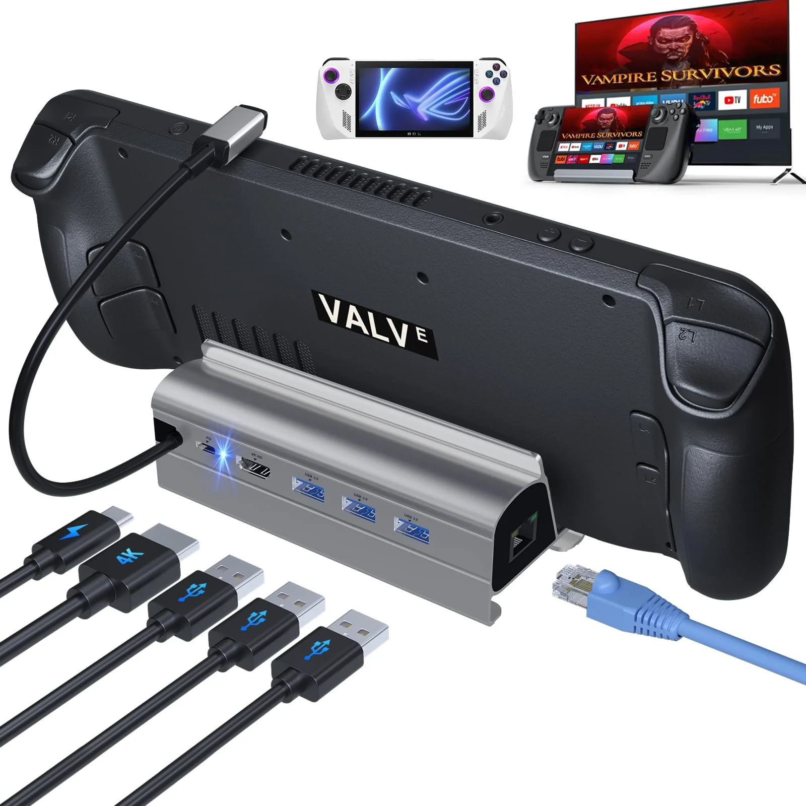 Docking Station for Steam Deck ROG Ally, 6 in 1 Stream Deck Dock with HDMI 2.0 4K@60Hz, 1000Mbps Gigabit Ethernet, 3 USB-A 3.0 and Full Speed Charging USB-C Port Compatible with Valve Steam Deck