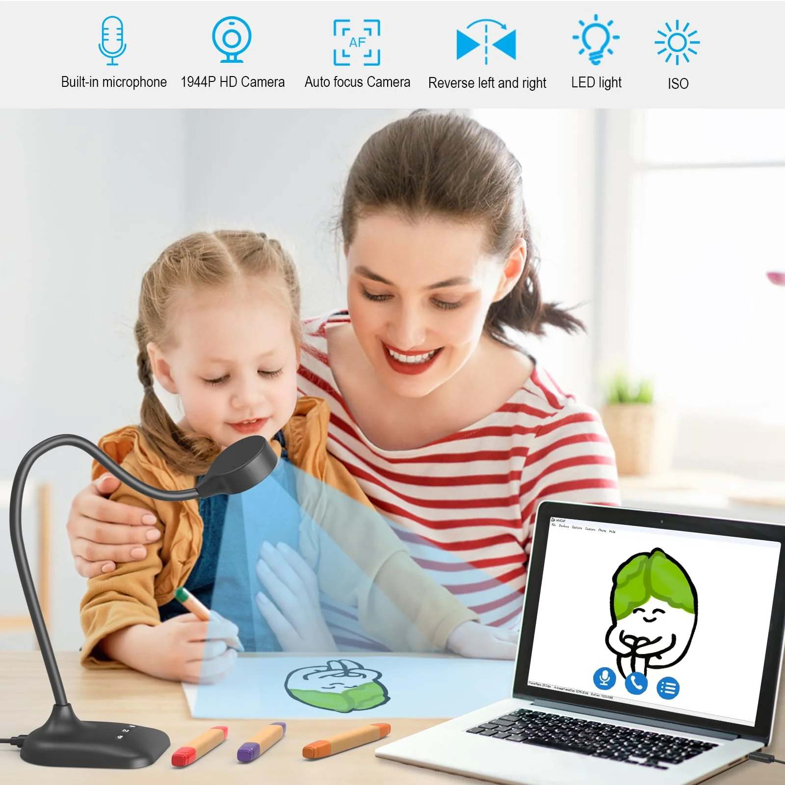Document Camera for Teachers, Doc Camera, USB Visualizer with LED Light, Auto Focus, Image Invert, Fold, For Mac OS, Windows, Chromebook - Image 2