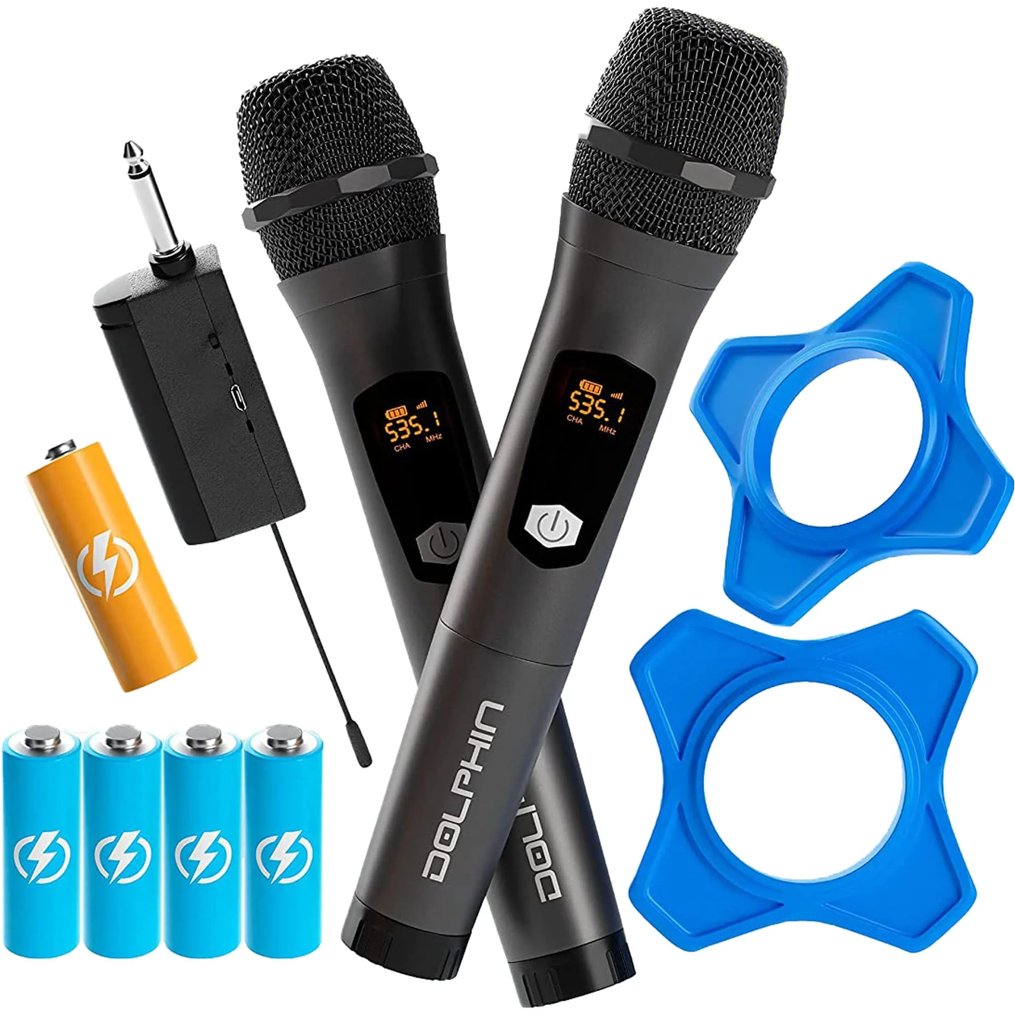 Dolphin PartyMic 20: Professional Wireless Microphone System – Dual Handheld Dynamic Mics with Rechargeable Receiver (Set of 2)