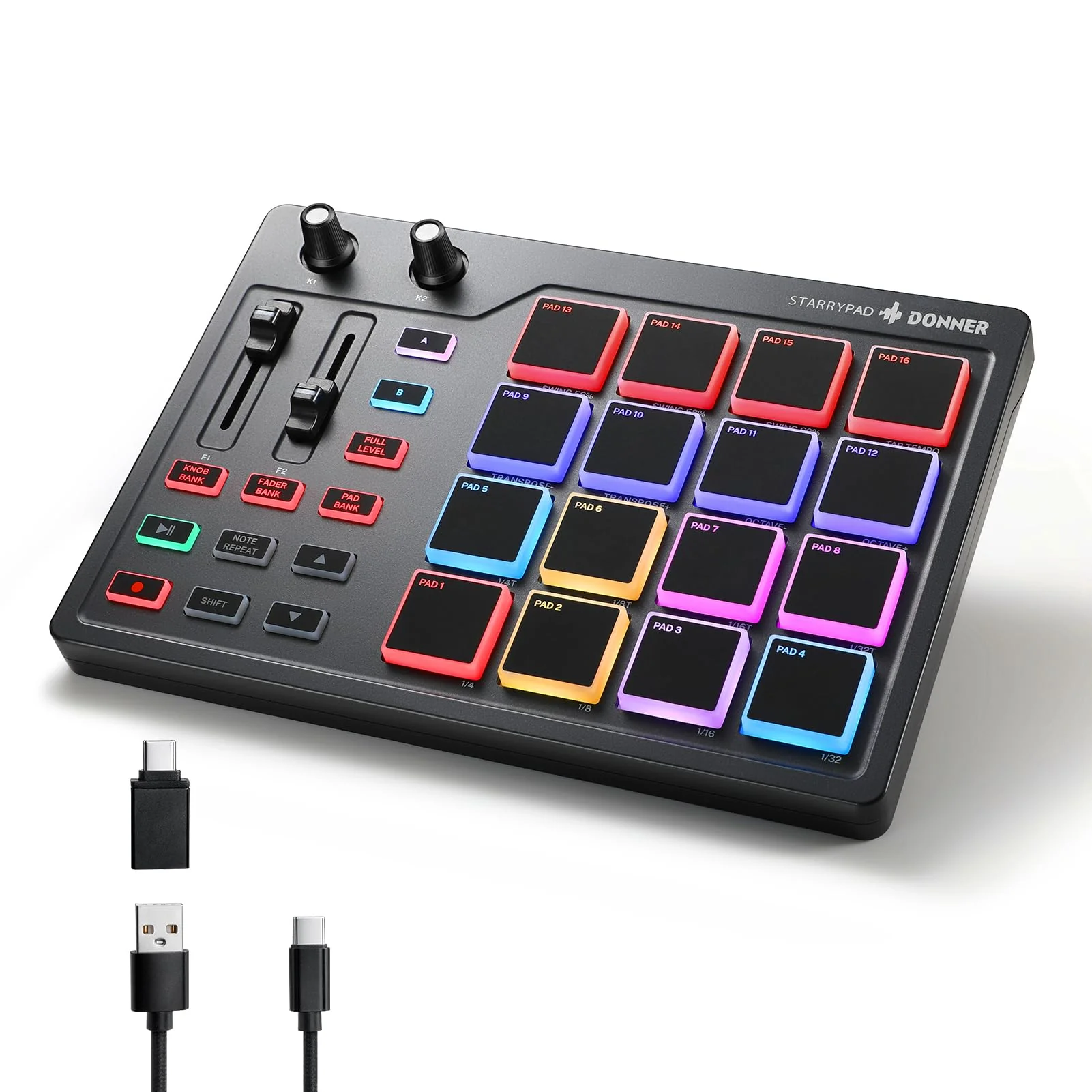 Donner MIDI Pad Beat Maker Machine Professional, Drum Machine with 16 Beat Pads, 2 Assignable Fader & Knobs and Music Production Software, USB MIDI Controller with 40 Courses, STARRYPAD DPD-16