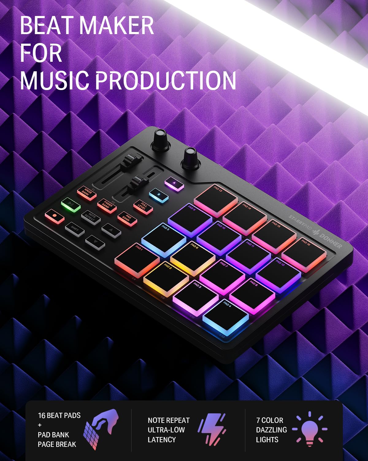 Donner MIDI Pad Beat Maker Machine Professional, Drum Machine with 16 Beat Pads, 2 Assignable Fader & Knobs and Music Production Software, USB MIDI Controller with 40 Courses, STARRYPAD DPD-16 - Image 2