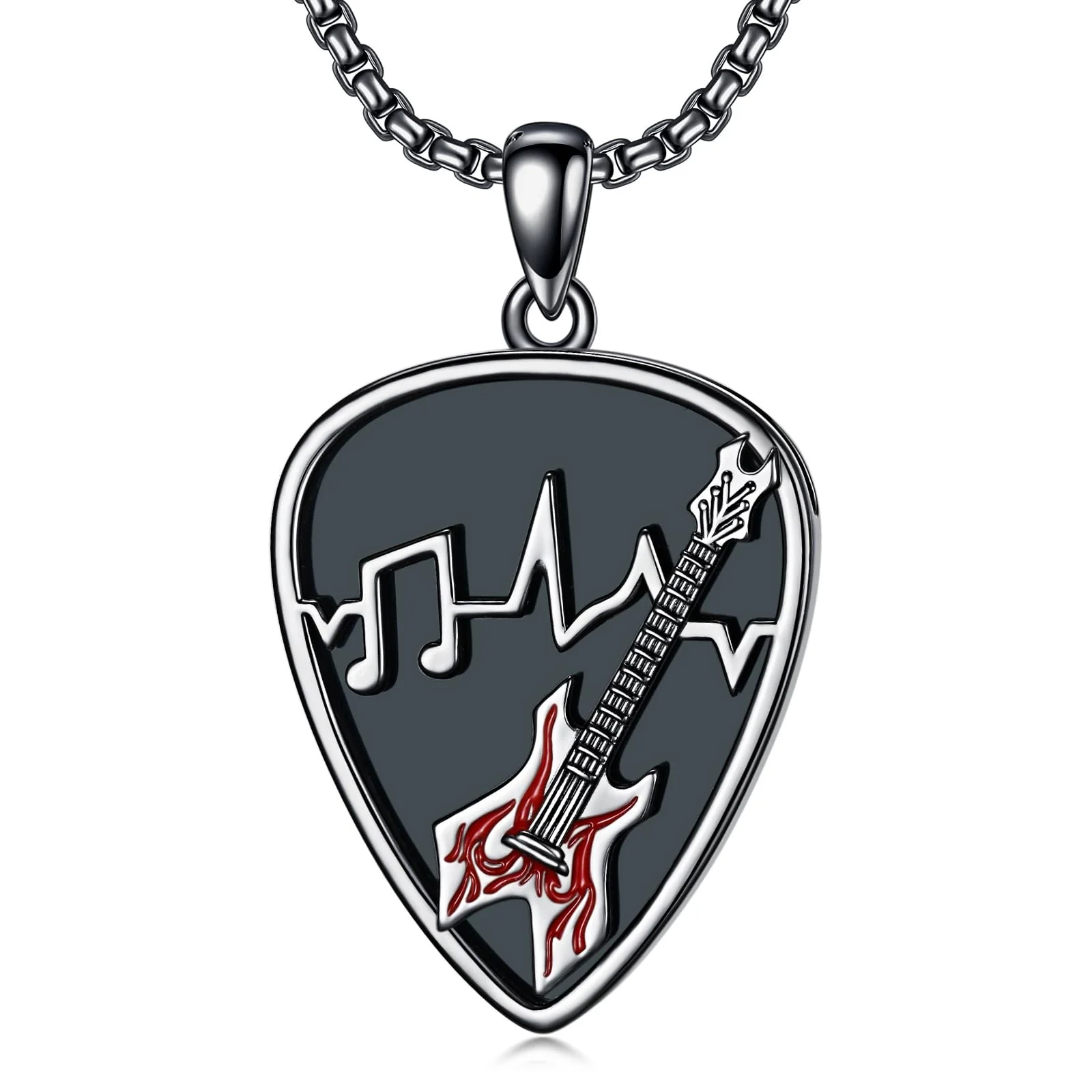 Dorunmo Guitar Pick Holder Necklace Sterling Silver Personalized Soundwave Guitar Pick Pendant Holder Christmas Musicians Gift for Guitar Lovers Music Lovers Guitar-Black Red