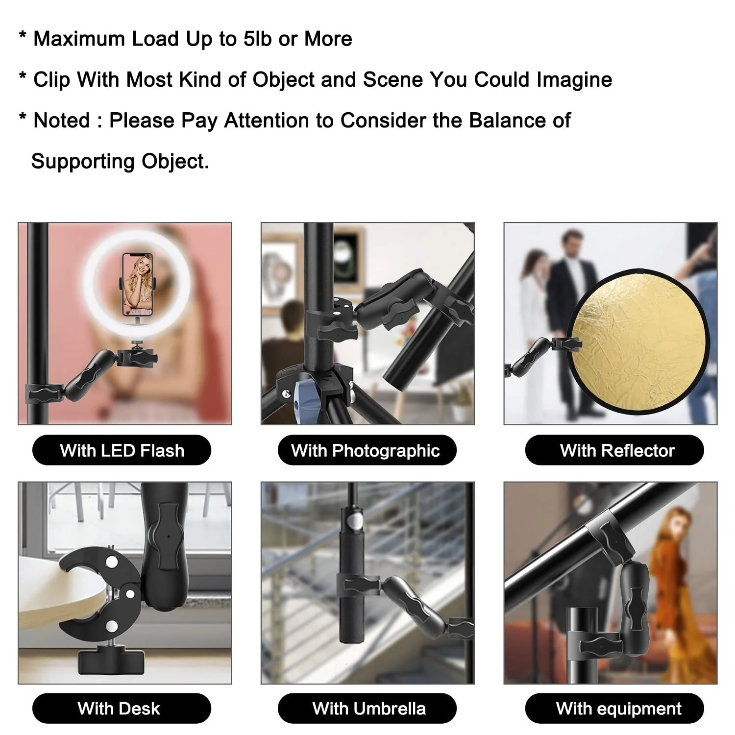 Double Mount Clamp Bracket Monitor Magic Socket Arm for Desk Photo Studio Light Stand, Photography Reflector, Flag Holder Mount, Cross Bars, Umbrella, Pole Stick Shoot Accessories Tools - Image 2
