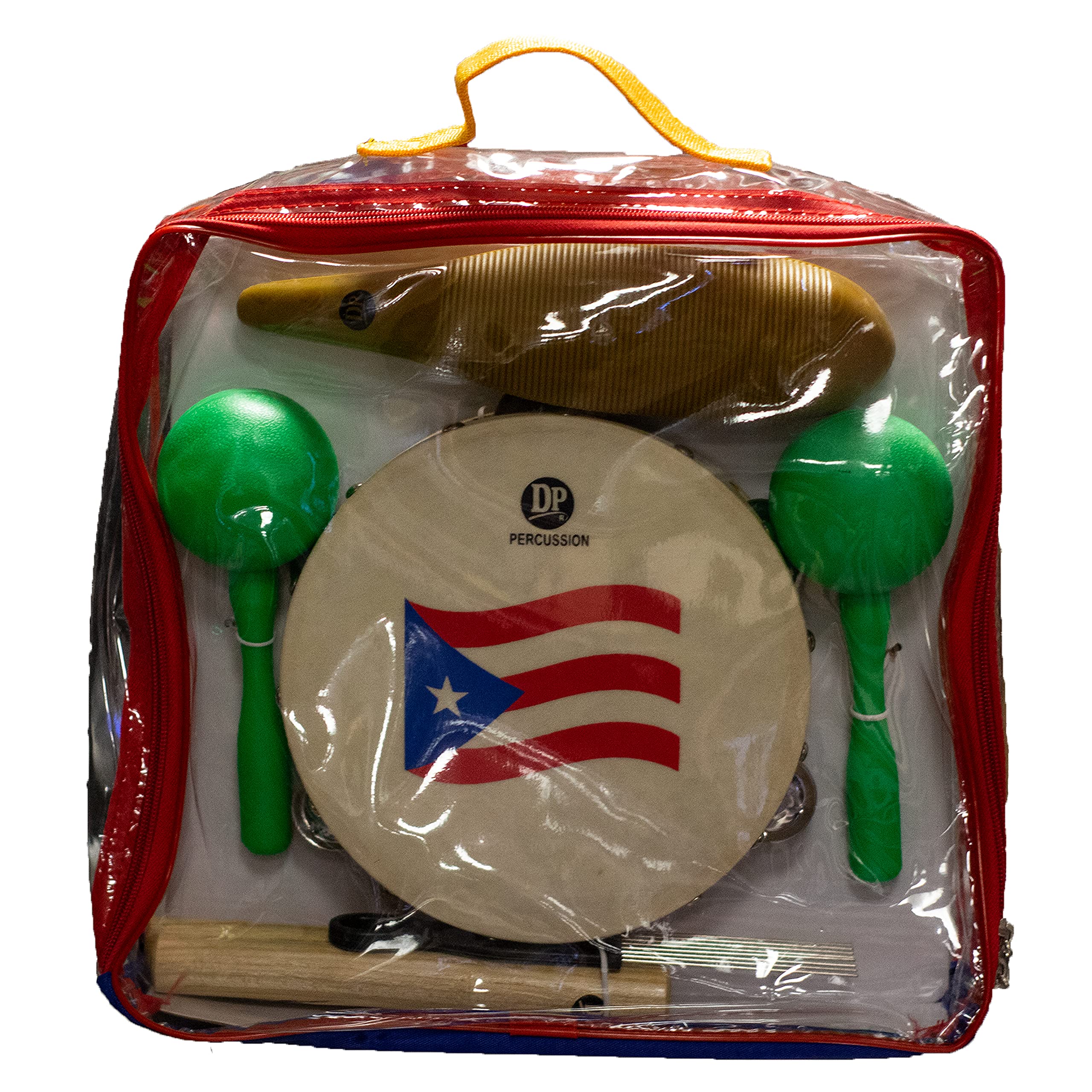 DP Music Parranda Kit Percussion with Carrying Bag - Puerto Rico Flag 8 Inches Tambourine - Claves - Plastic Güiro & Maracas (Maracas Green)