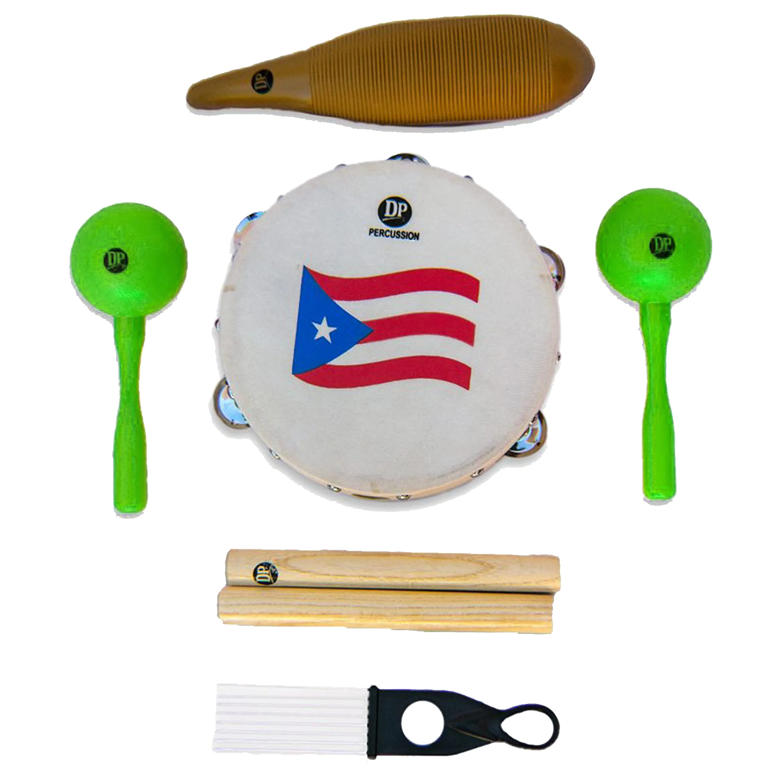 DP Music Parranda Kit Percussion with Carrying Bag - Puerto Rico Flag 8 Inches Tambourine - Claves - Plastic Güiro & Maracas (Maracas Green) - Image 2