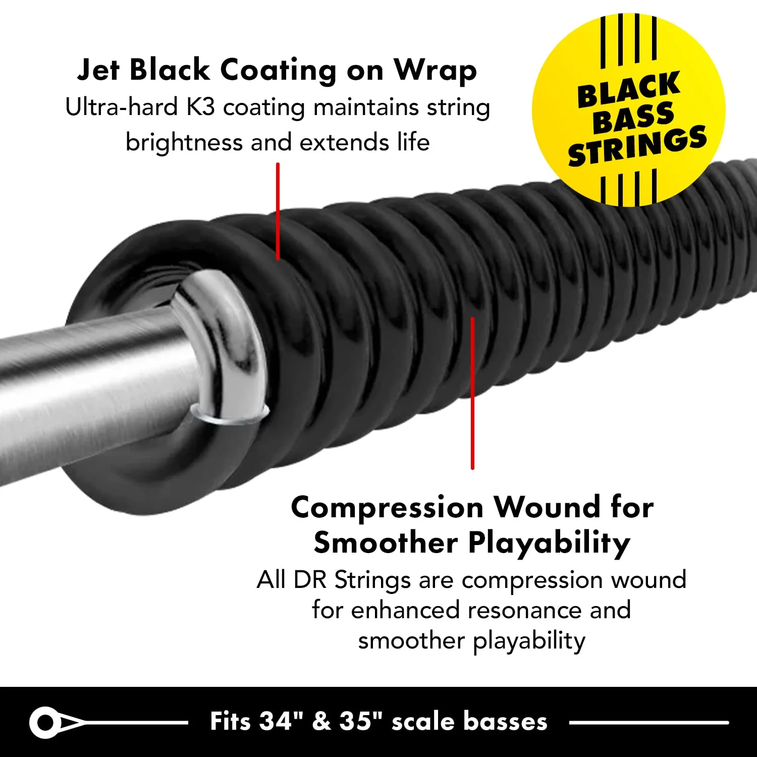 DR Strings - Black Beauties - Bass Guitar Strings 4-String Set - Light 40-100 - Black Bass Guitar Sting (BKB-40) 4-String(40-100) Bass Strings - Image 3