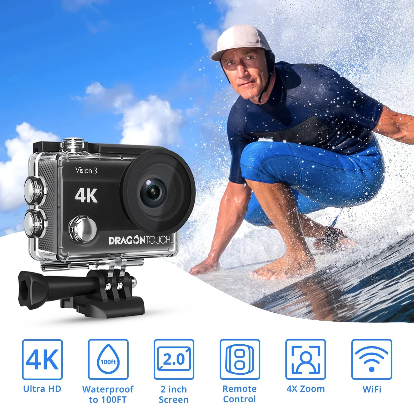 Dragon Touch 4K Action Camera 20MP Vision 3 Underwater Waterproof Camera 170° Wide Angle WiFi Sports Cam with Remote and Mounting Accessories Kit - Image 2