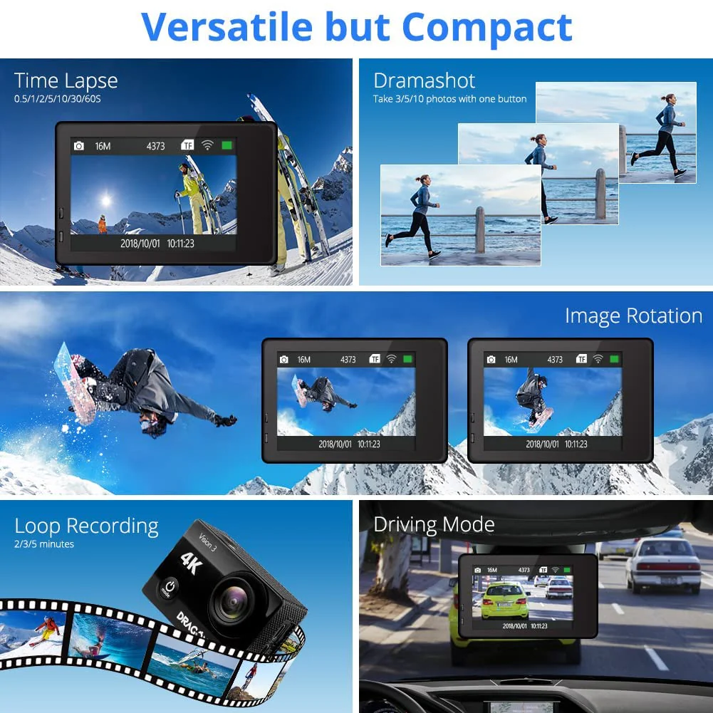 Dragon Touch 4K Action Camera 20MP Vision 3 Underwater Waterproof Camera 170° Wide Angle WiFi Sports Cam with Remote and Mounting Accessories Kit - Image 5
