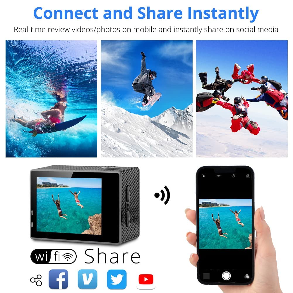 Dragon Touch 4K Action Camera 20MP Vision 3 Underwater Waterproof Camera 170° Wide Angle WiFi Sports Cam with Remote and Mounting Accessories Kit - Image 6