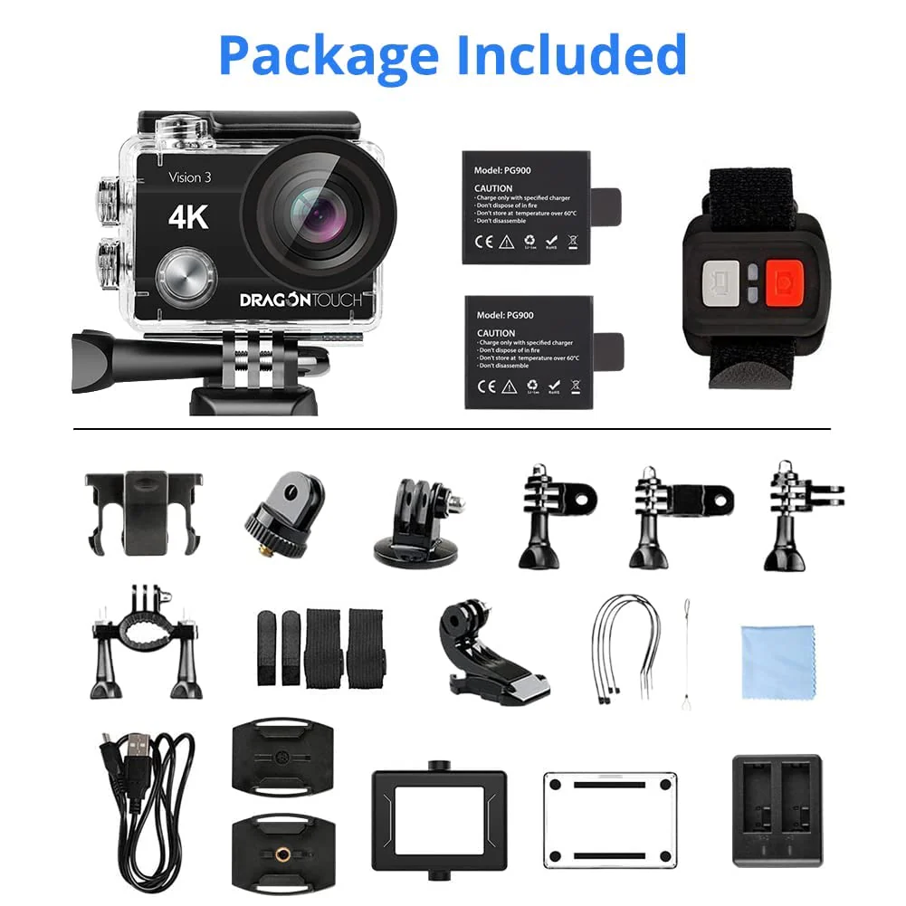 Dragon Touch 4K Action Camera 20MP Vision 3 Underwater Waterproof Camera 170° Wide Angle WiFi Sports Cam with Remote and Mounting Accessories Kit - Image 8