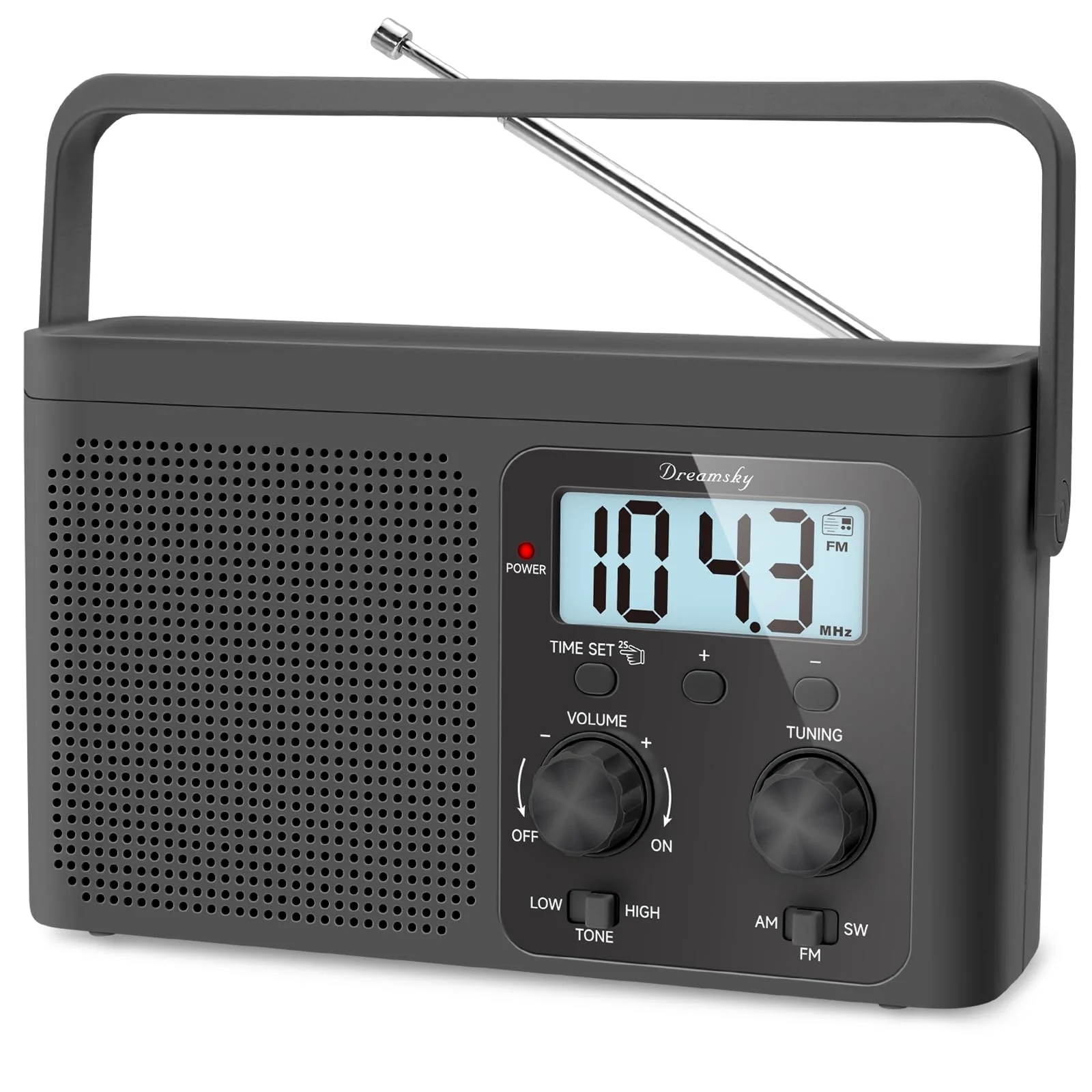DreamSky AM FM Radio Portable - Shortwave Radio Battery Powered or Plug in Wall for Home Outdoor, Strong Reception, Large Dial Easy to Use, Digital Time Display, Transistor Antenna, Seniors Small Gfit Black