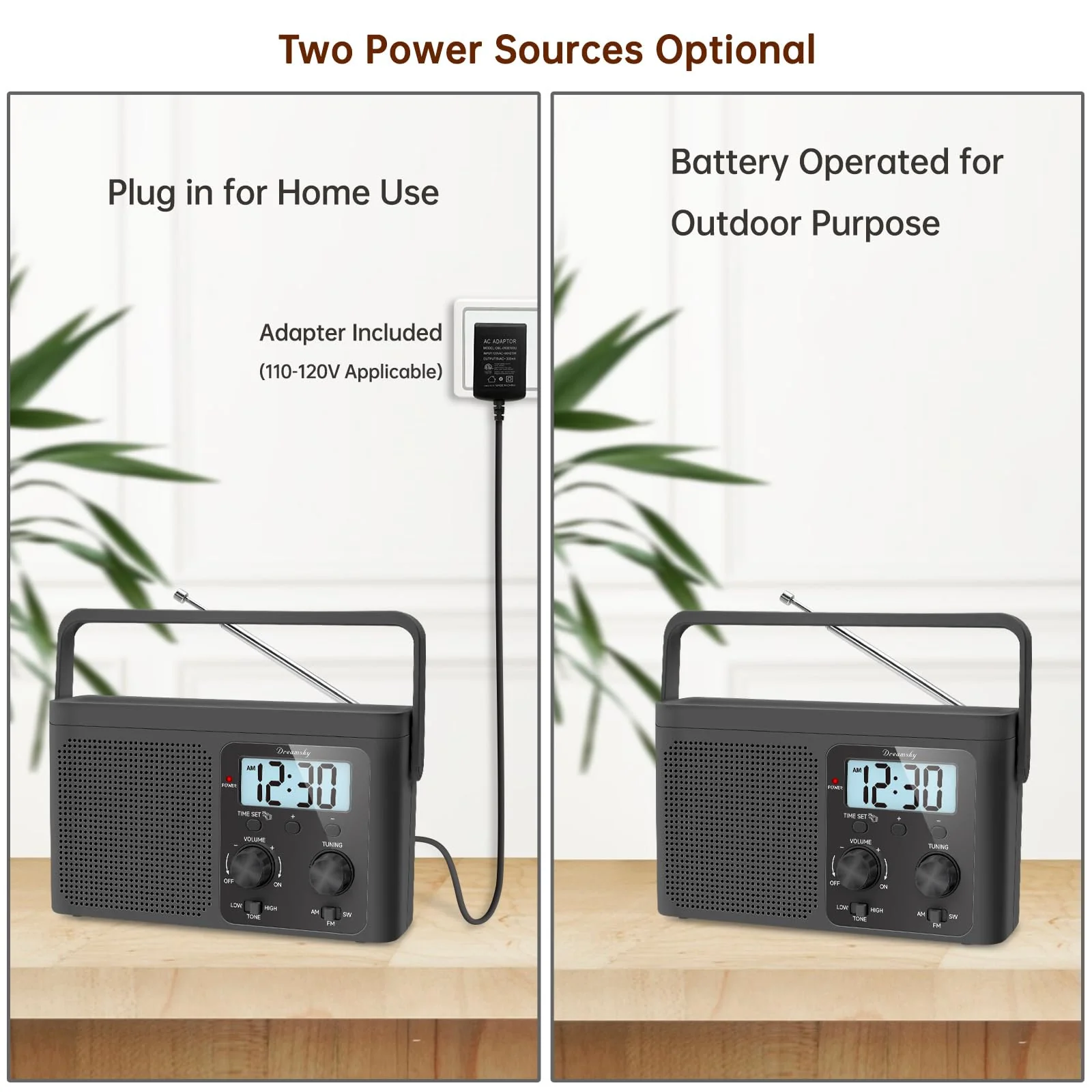 DreamSky AM FM Radio Portable - Shortwave Radio Battery Powered or Plug in Wall for Home Outdoor, Strong Reception, Large Dial Easy to Use, Digital Time Display, Transistor Antenna, Seniors Small Gfit Black - Image 5