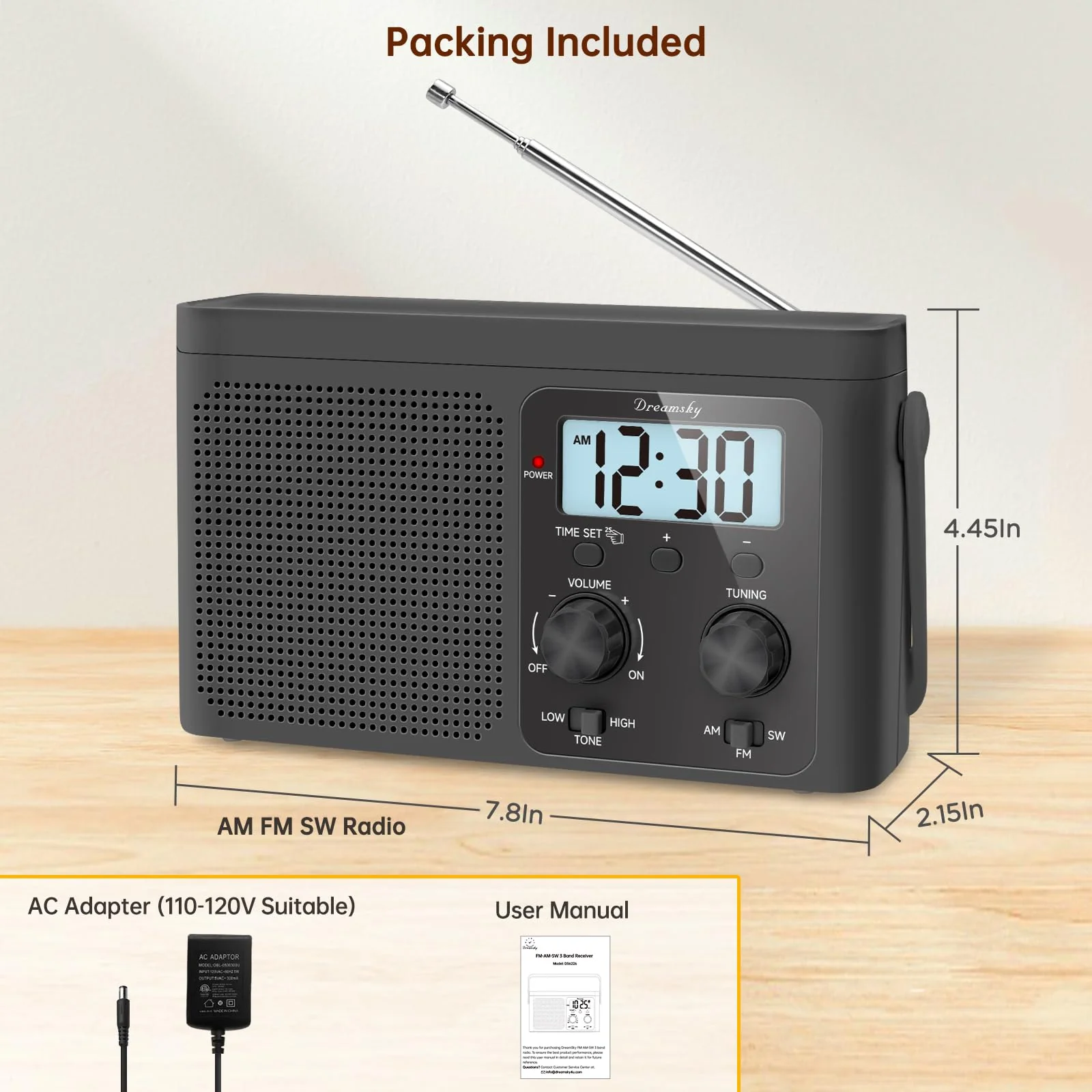 DreamSky AM FM Radio Portable - Shortwave Radio Battery Powered or Plug in Wall for Home Outdoor, Strong Reception, Large Dial Easy to Use, Digital Time Display, Transistor Antenna, Seniors Small Gfit Black - Image 6