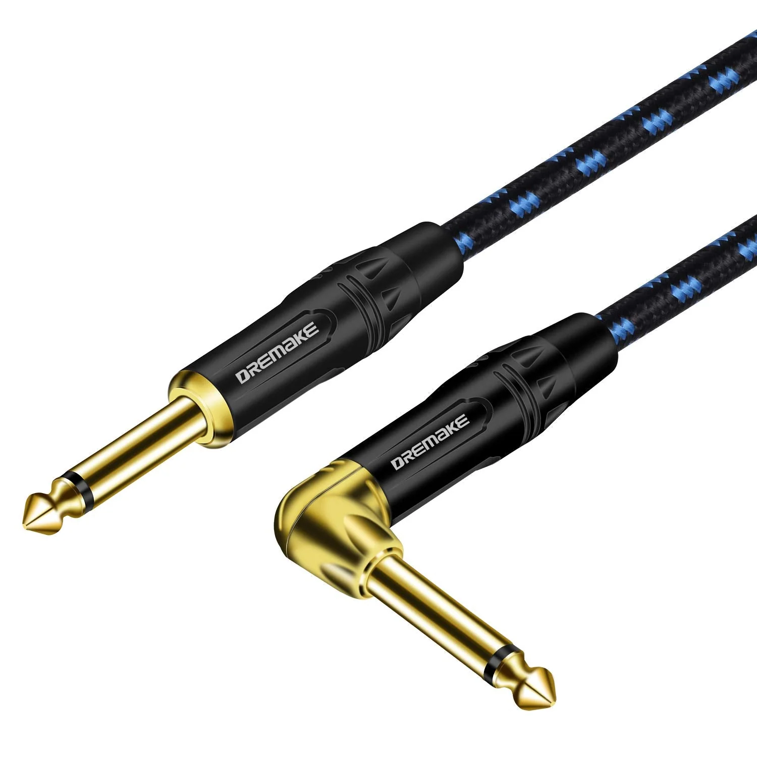 DREMAKE Cable 1/4" (6.3mm) Straight to Right Angle, Black/Blue Braided Tweed 1/4 Inch to 1/4 Inch Patch Cord, 25FT Instrument Guitar Cable for Keyboards, Electric Mandolin, Pro Audio to Amp 25FT/7.5M Black&Blue