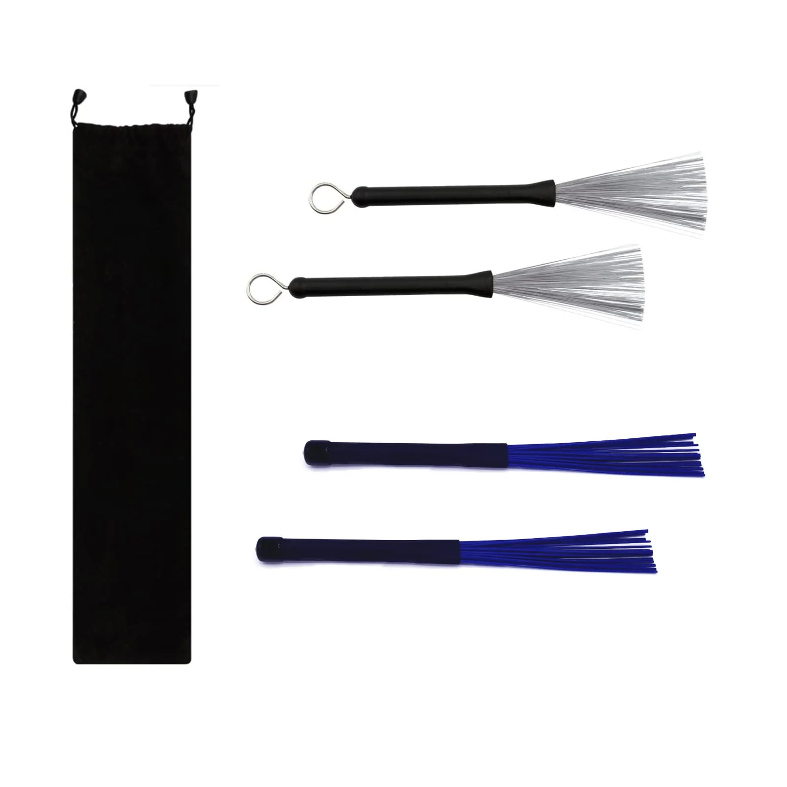 Drum Brushes Set 1 Pair Retractable Wire Brushes and 1 Pair Nylon Brushes Set with Rubber Handles for Cajon Jazz Percussion Accessories