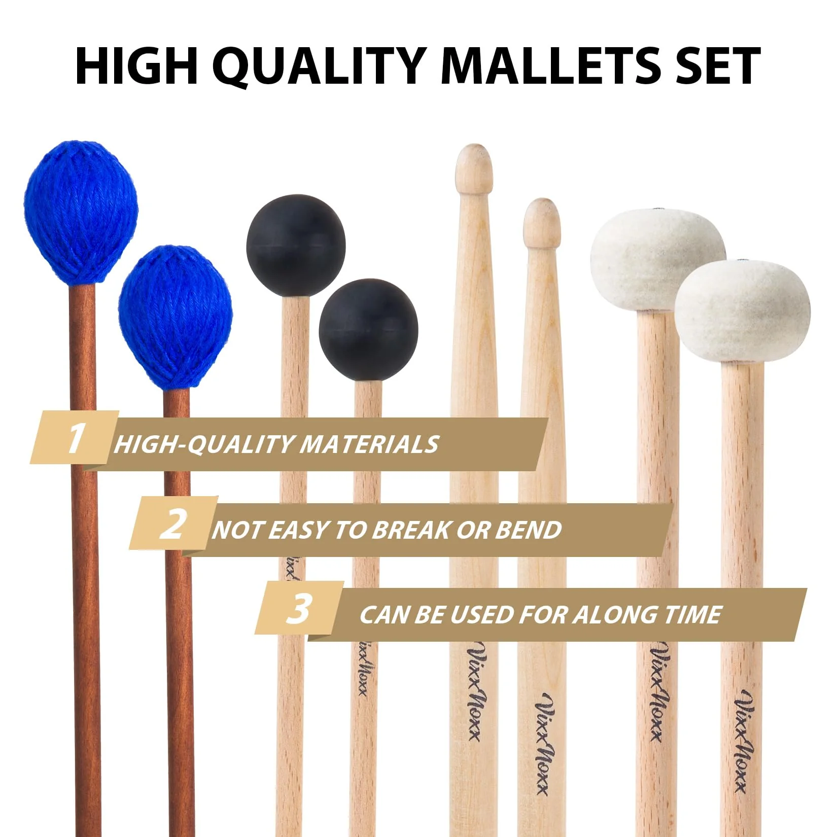 Drum Mallets Kit – 4 Pairs (Felt Timpani, Rubber, Marimba, 5A) Drumsticks with Bag, Percussion Instrument Beginner Accessories for Steel Drum, Bass Drum, Glockenspiel, Xylophone Mallet - Image 3