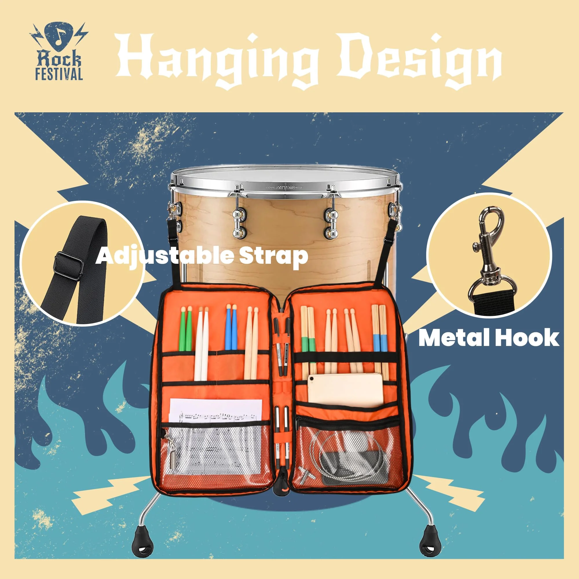 Drum Stick Bag with Hanging Hooks, Drum Mallet Storage with Adjustable Shoulder Strap, Hanging Drumstick Bag for Percussion Accessories, Black - Image 5