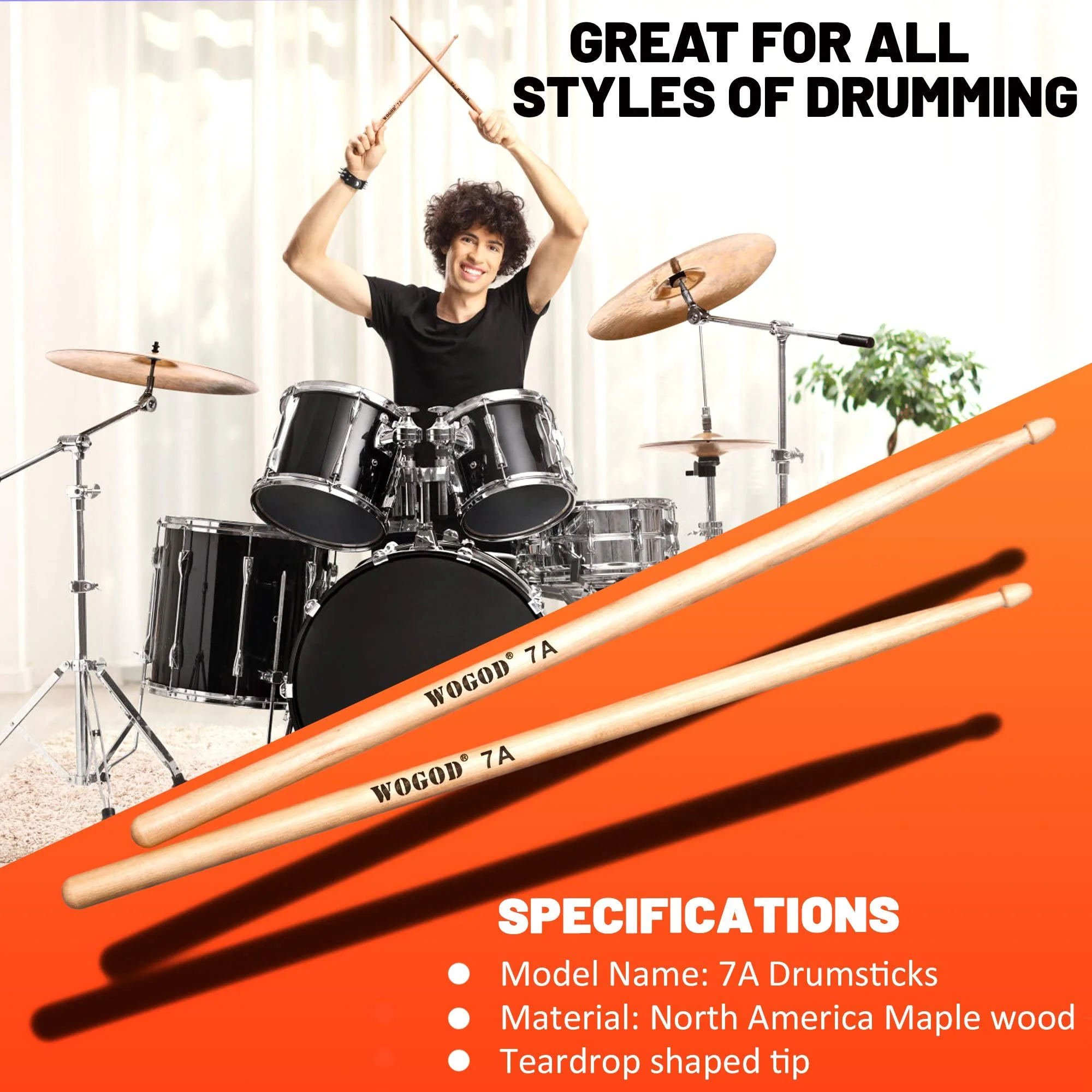 Drum Sticks 7a Drumsticks Maple Wood Tip Drumsticks (2 Pair) 2 - Image 2