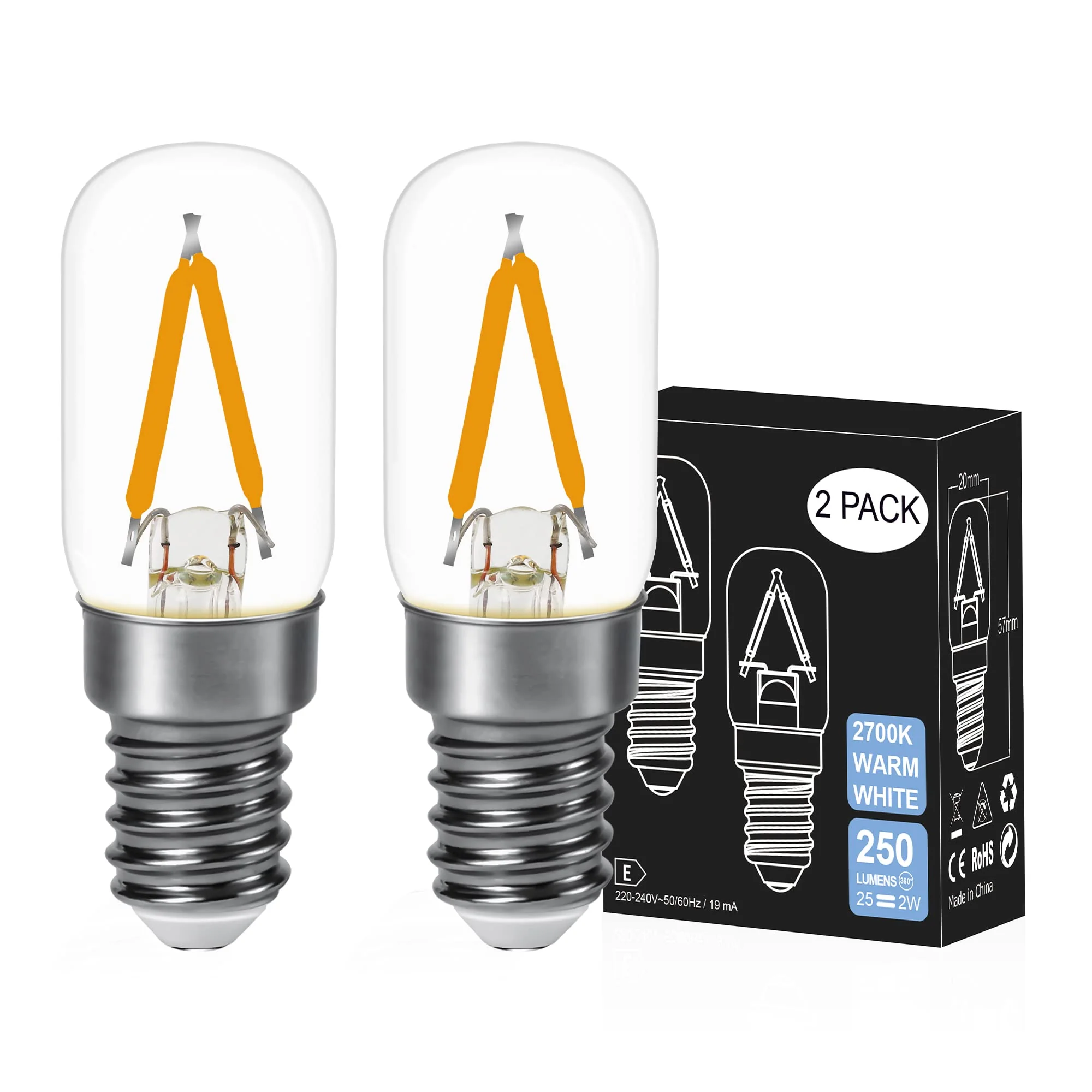 DSLebeen E14 LED Warm White Light Bulb Fridge Lamp 2 W 250 LM Replacement Bulb 25 W 2700 K Mini LED Bulbs for Night Light, Salt Lamp, Chandelier Not Dimmable 230 V AC Pack of 2 2-Warm White