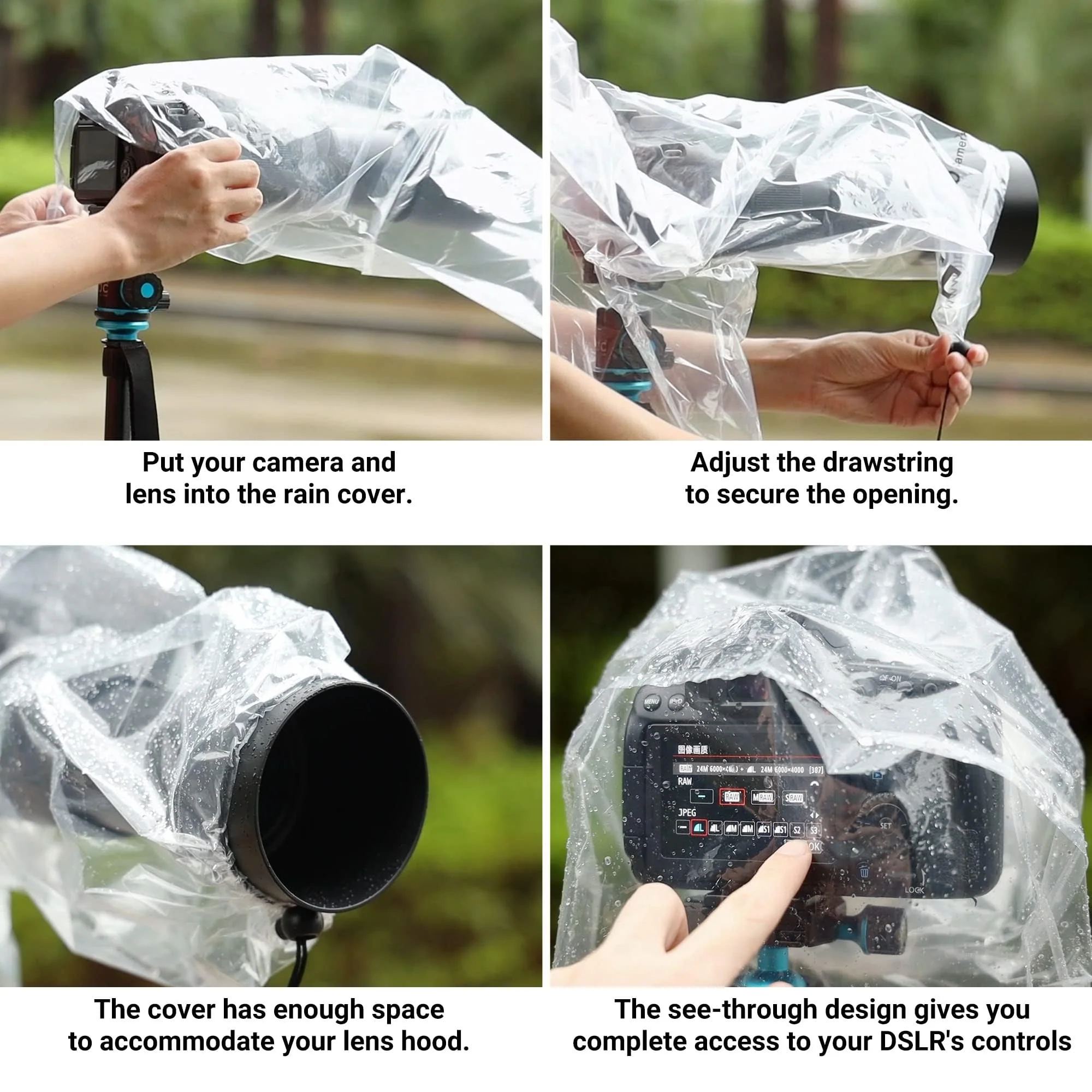 DSLR Camera Rain Cover JJC Rain Coat Sleeve Protector for Canon Nikon Fujifilm Sony Olympus Panasonic Pentax Sigma with a Lens up to 18" PE Material Clear See-Through(2 Pack) 2-Pack - Image 6