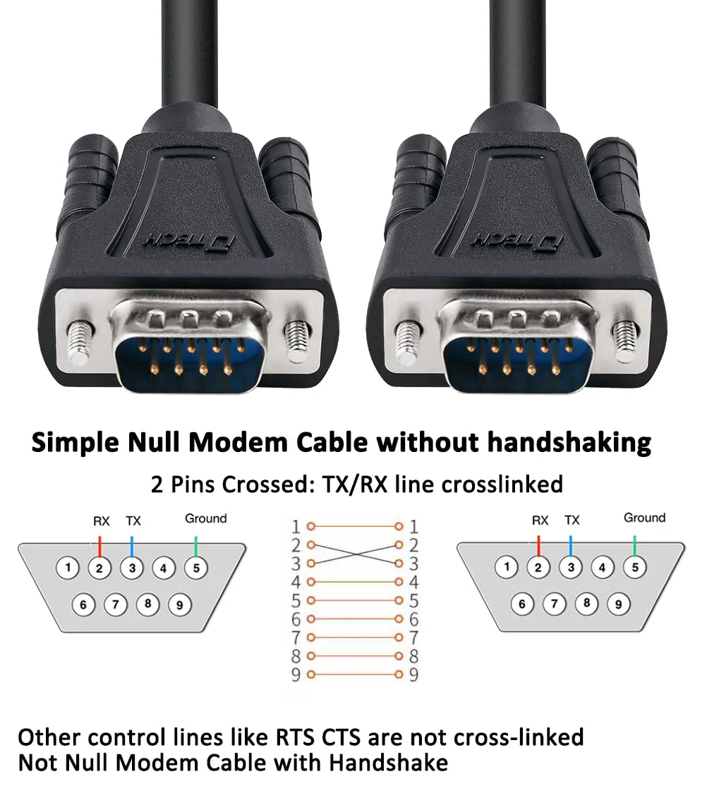 DTech RS232 Cable 15ft Null Modem DB9 to DB9 Serial Cable Male to Male RS-232 Cord Cross TX RX line 2 Pin Crossed Without Handshake for Data Communication (15 Feet, Black) - Image 2