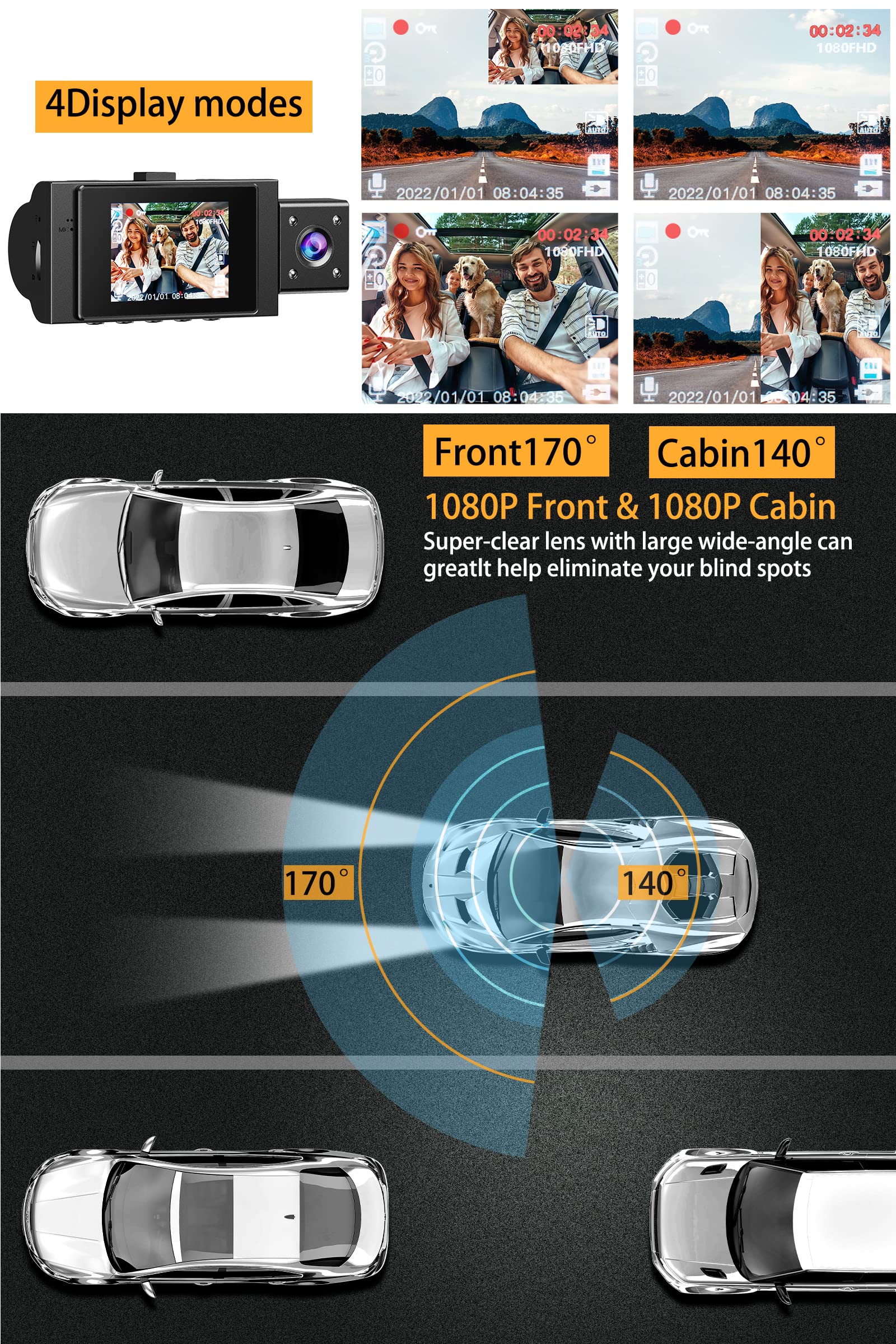 Dual Dash Cam Front and Inside with 64GB Card, FHD 1080P Dash Camera for Cars Dashcams for Cars with Infrared Night Vision Car Camera 24H Park Monitor Motion Detection G-Sensor for Taxi Uber - Image 3
