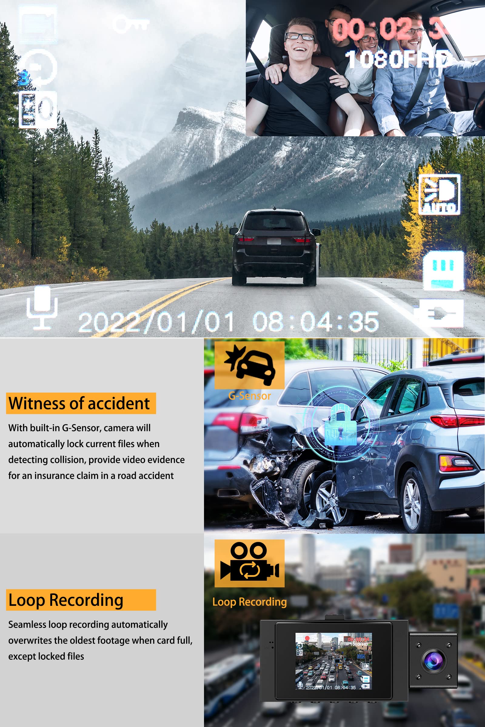 Dual Dash Cam Front and Inside with 64GB Card, FHD 1080P Dash Camera for Cars Dashcams for Cars with Infrared Night Vision Car Camera 24H Park Monitor Motion Detection G-Sensor for Taxi Uber - Image 5