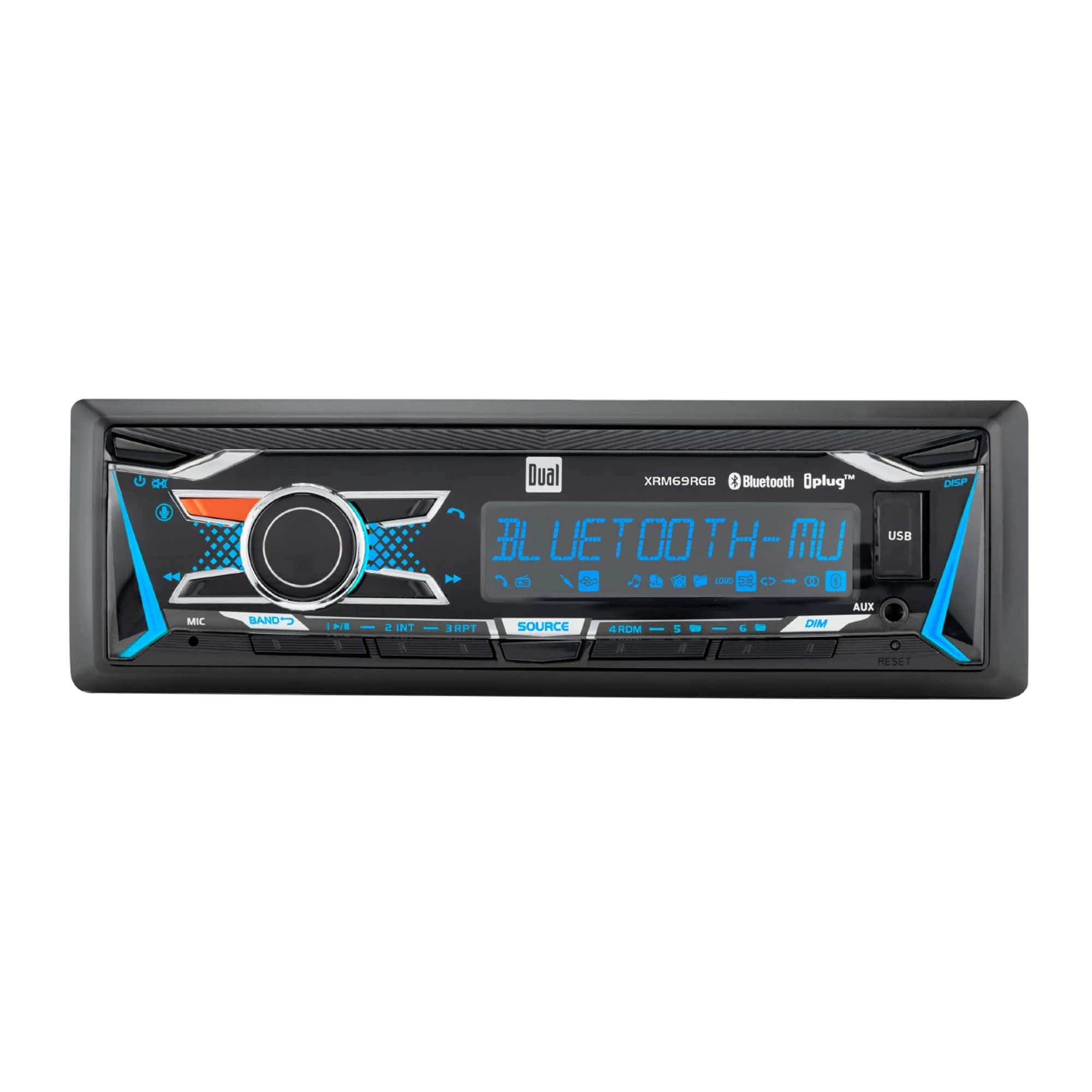 Dual Electronics XRM69RGB | 12 Character LCD Single DIN Car Stereo | RGB Custom Colors | Push to Talk Assistant | Bluetooth Hands Free Calling Music Streaming | AM/FM | USB Playback & Charging