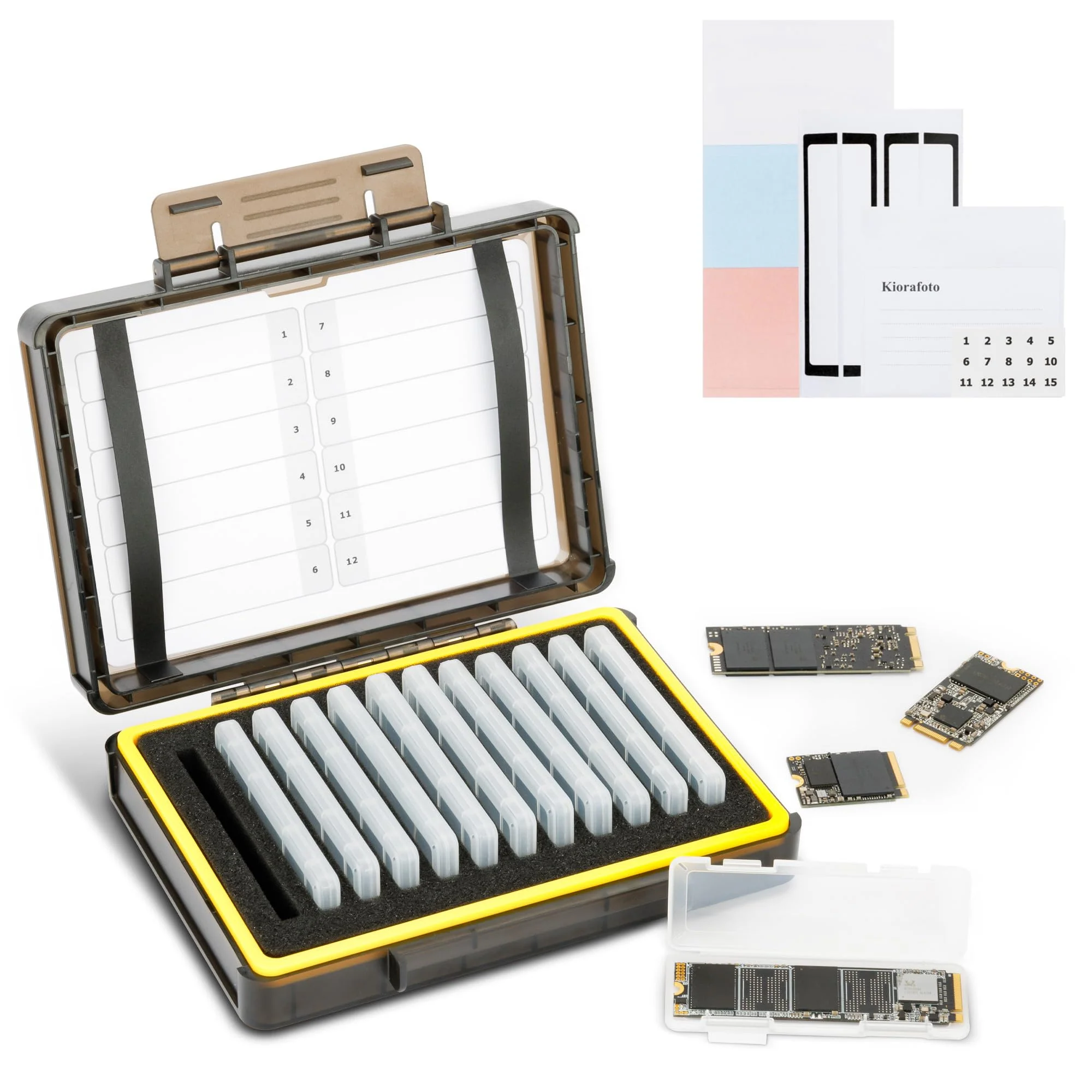 Dual Protect Hard M.2 SSD Holder with 12 PCS Individual Clear M.2 NVMe Case for M.2 2280 2260 2242 2230 SSDs Storage, Water-Resistant & Shockproof M.2 2280 SSD Card Case with Label & Notepaper for 12PCS SSDs(with Hard Case)