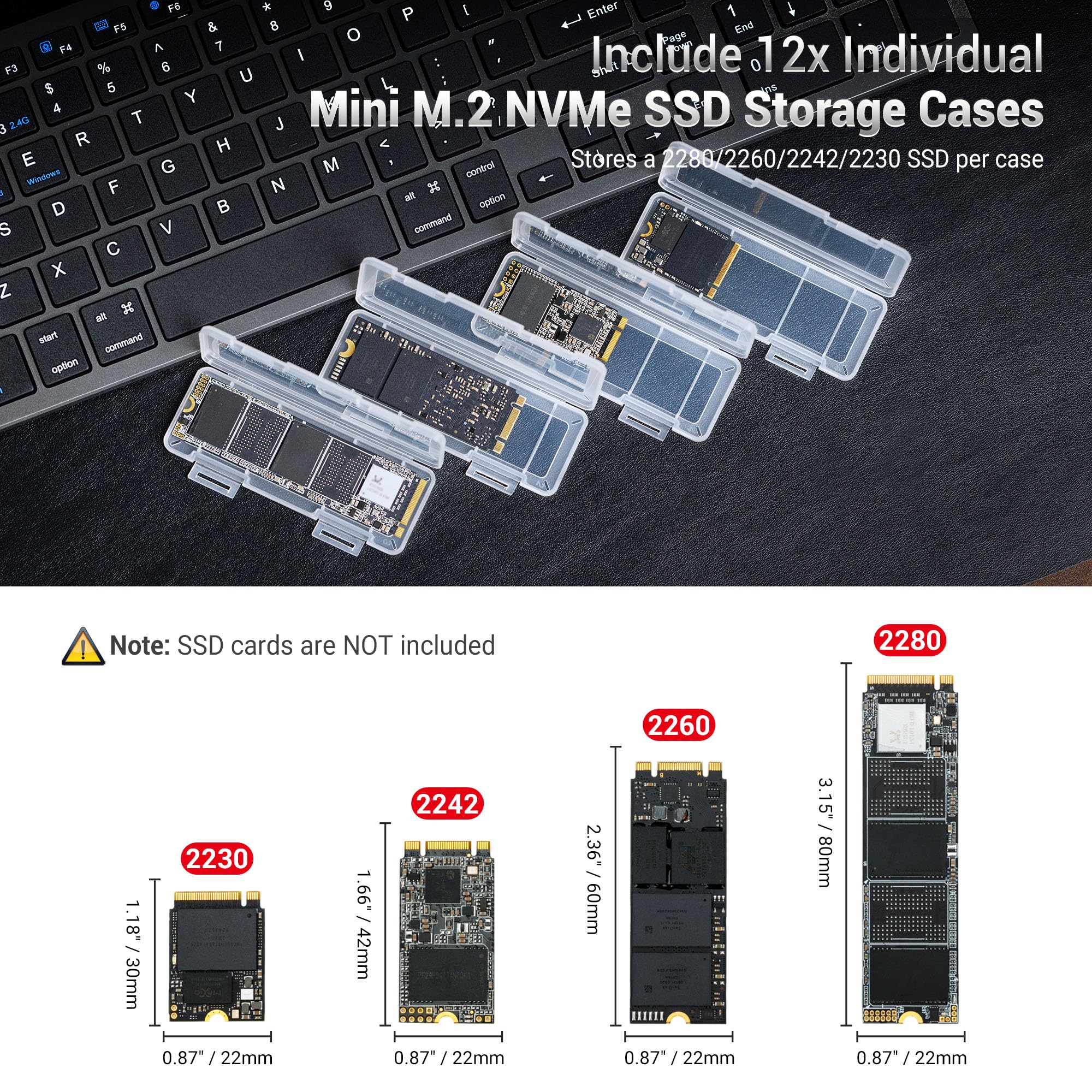 Dual Protect Hard M.2 SSD Holder with 12 PCS Individual Clear M.2 NVMe Case for M.2 2280 2260 2242 2230 SSDs Storage, Water-Resistant & Shockproof M.2 2280 SSD Card Case with Label & Notepaper for 12PCS SSDs(with Hard Case) - Image 2
