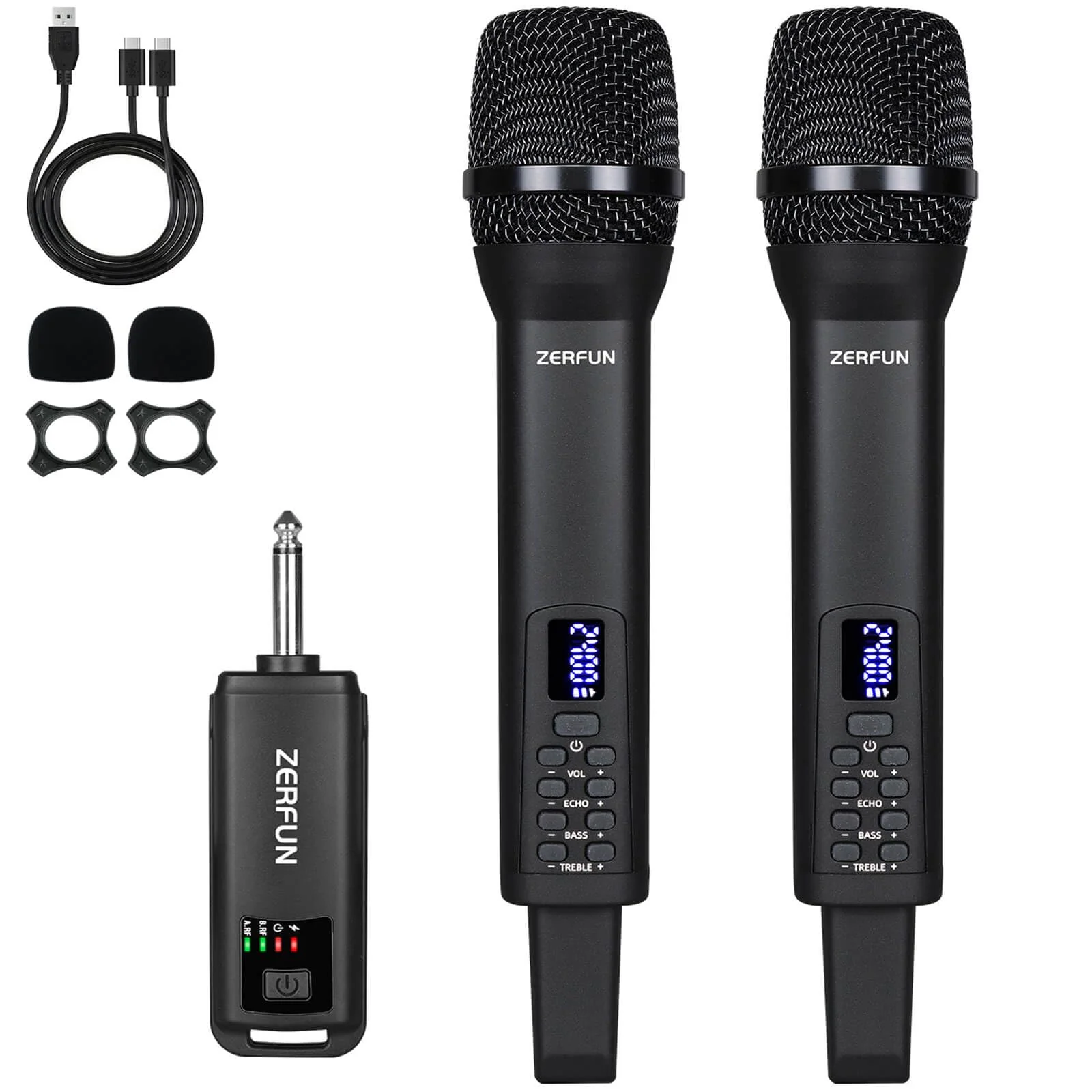 Dual Rechargeable Wireless Microphones, Pro Handheld Cordless Mics System with Echo Treble BASS VOL Control for Karaoke Singing Church Party, 1/4'' Output, Black 2 Mics, Black