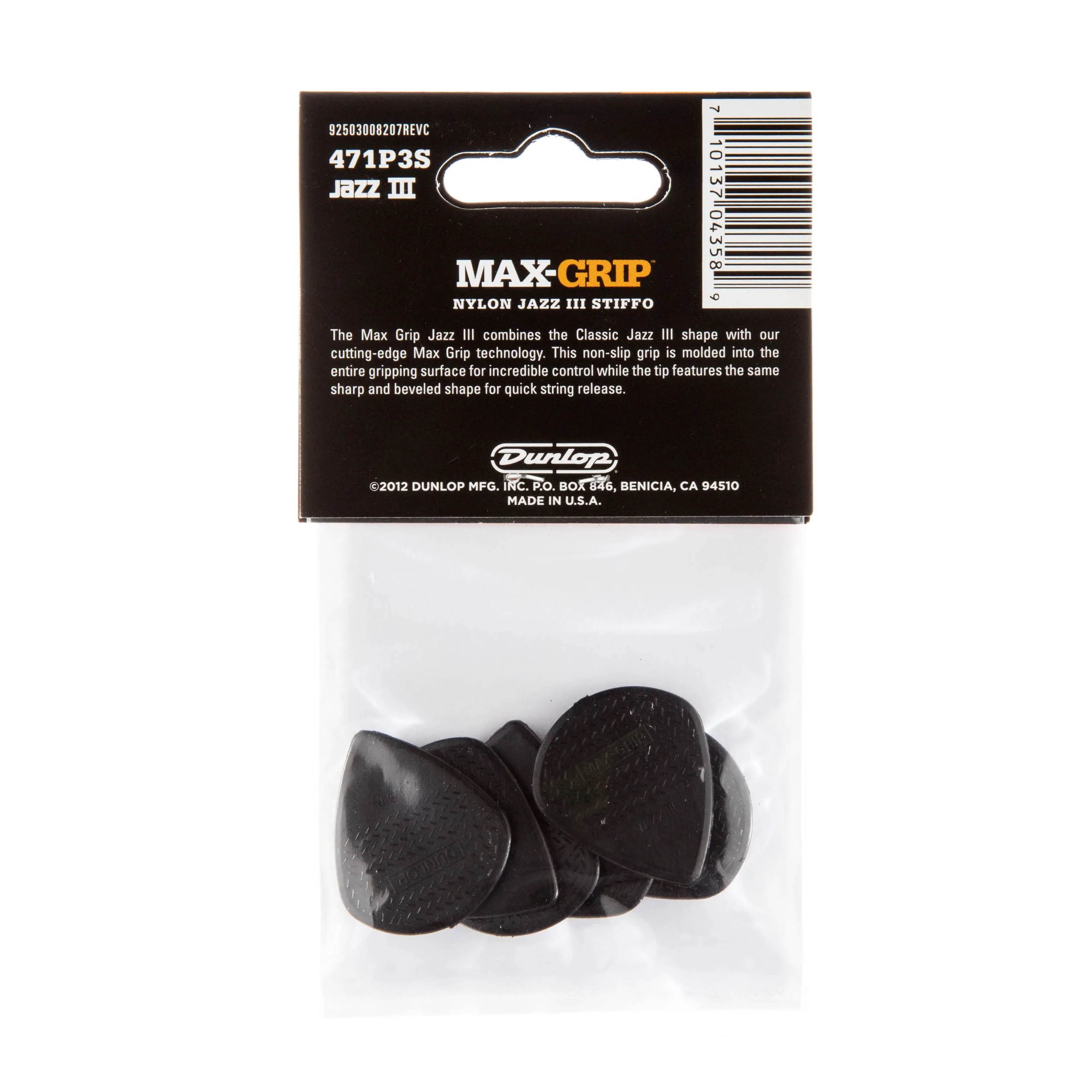 Dunlop 471P3C Max Grip Jazz III Carbon Fiber Guitar Picks, 6-Pack 6 Pack BLACK - Image 4