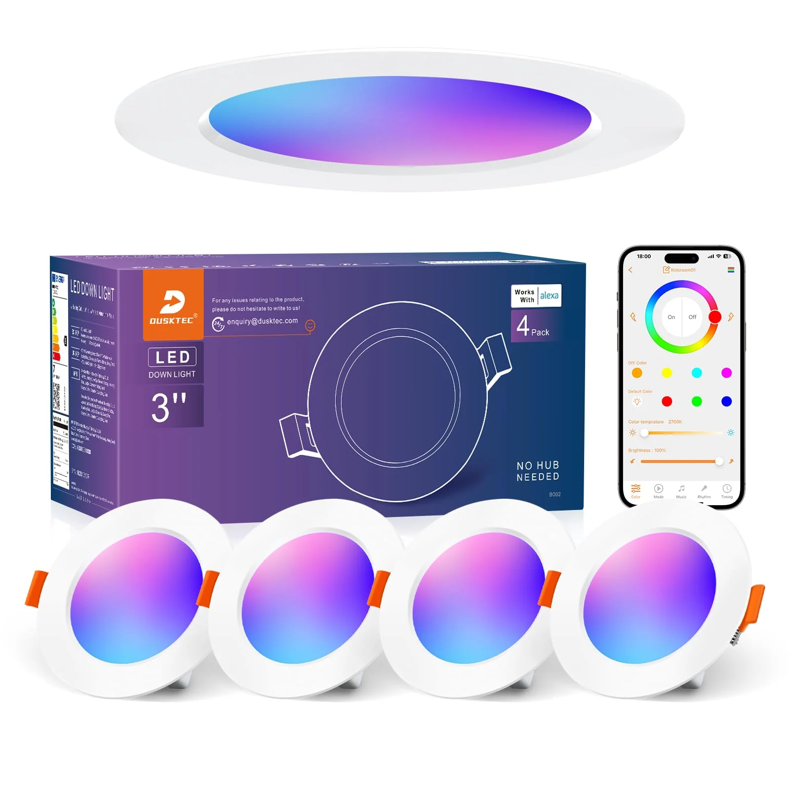 DUSKTEC Recessed LED Downlights Alexa, Smart Spot Lights Ceiling with APP & Voice Control, RGB Colour LED Spotlights 2700K-6000K, 7W Warm White to Cool White Dimmable Ceiling Recessed Lights Ø68-85mm Lochmass 7W