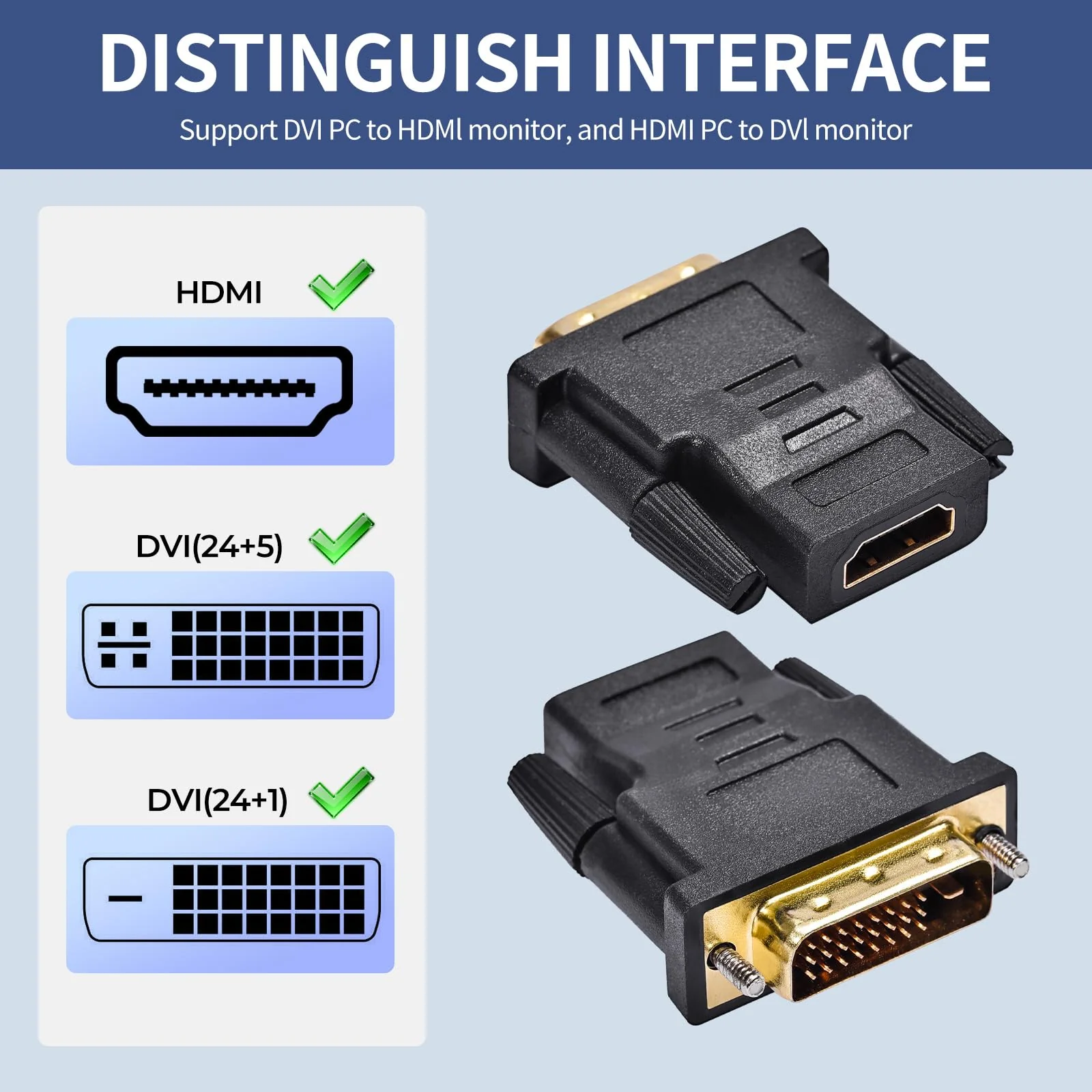 DVI to HDMI, Bidirectional DVI (DVI-D) to HDMI, Male to Female Adapter, 2-Pack,(24+1) Male Adapter with Gold-Plated for Computer, Monitor, Projector, TV, PS3/4/5 Nintendo Switch and More - Image 5