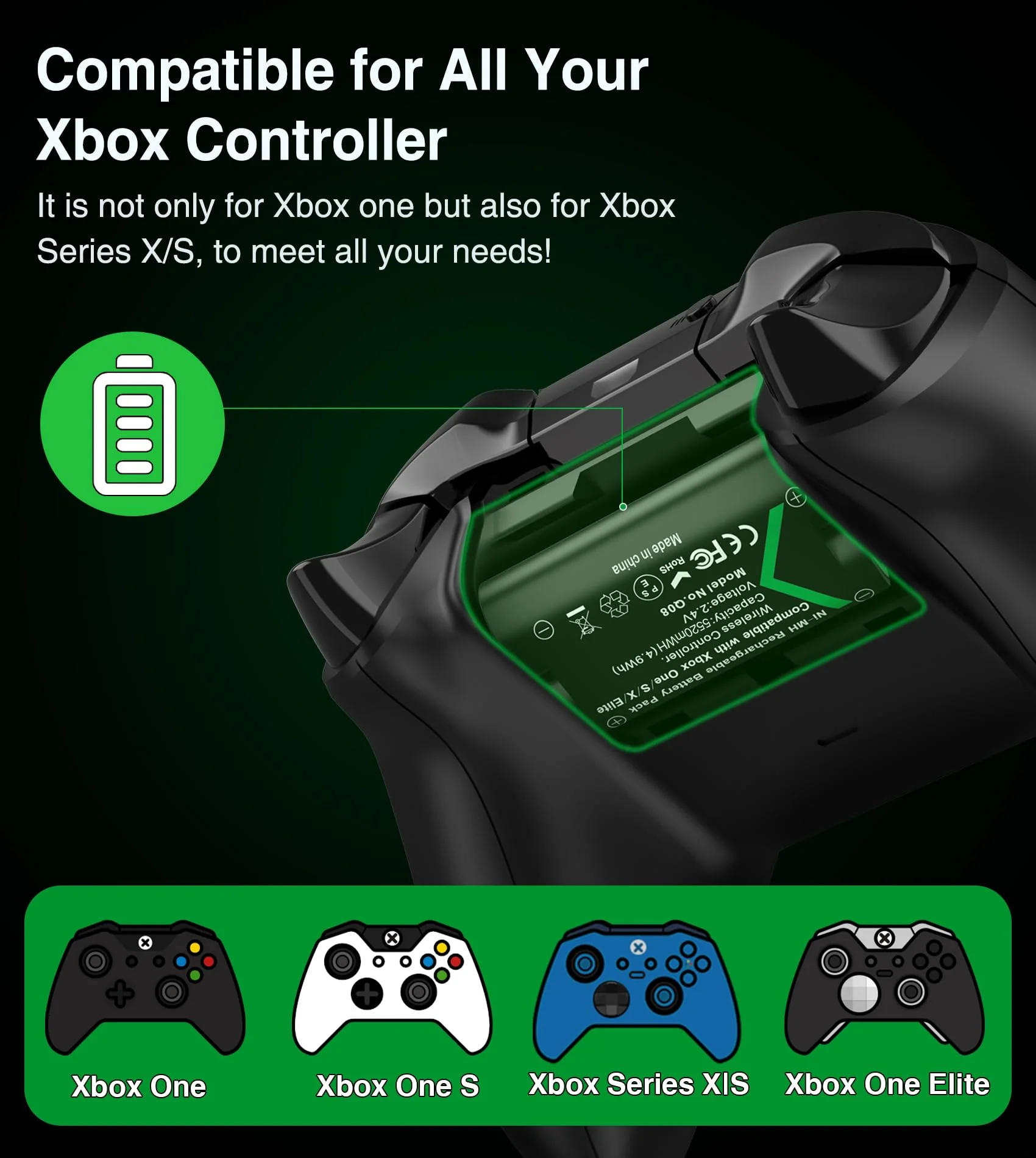 DXKK Rechargeable Batteries for Xbox One/Xbox Series X|S, Battery Pack for Xbox One S/One X/One Elite Controllers Battery, 2x5520mWh Batteries Pack for Xbox Accessories Black-2 Pack - Image 5
