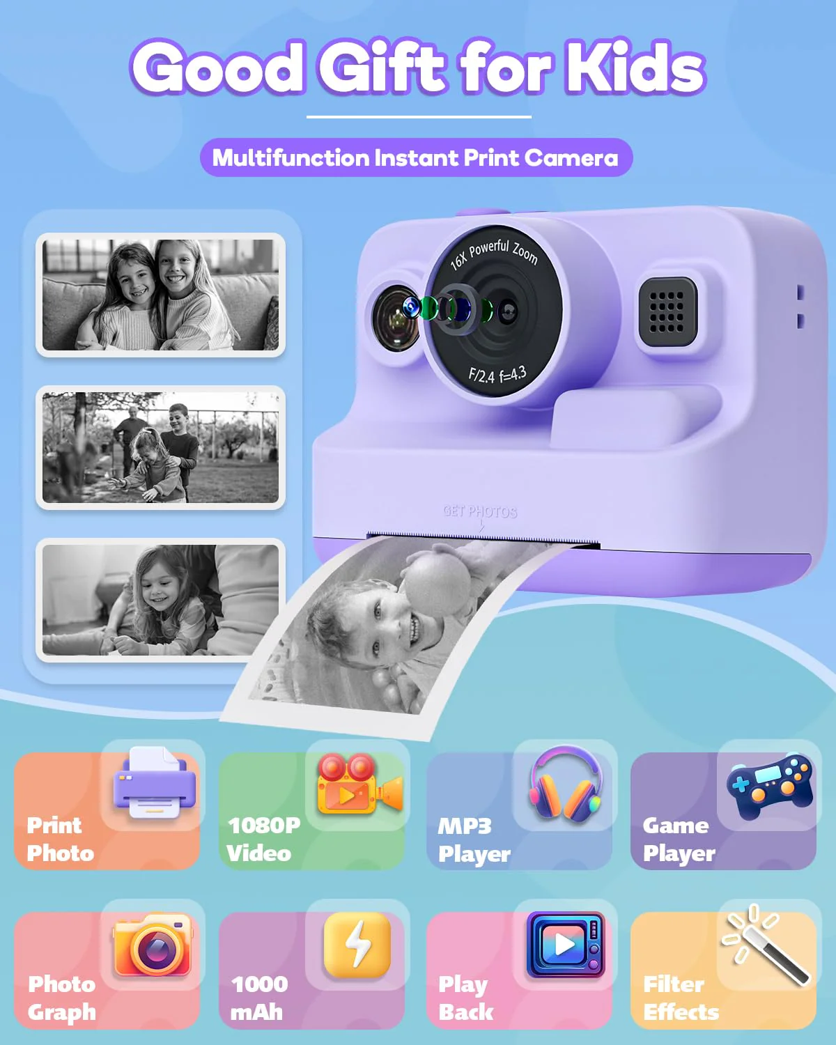 Dylanto Instant Print Camera for Kids,2.4 Inch Screen Kids Instant Cameras, Christmas Birthday Gifts for Girls Age 3-12, Portable Toddler Toy for 3 4 5 6 7 8 9 10 Year Old Girls Boys Purple - Image 2