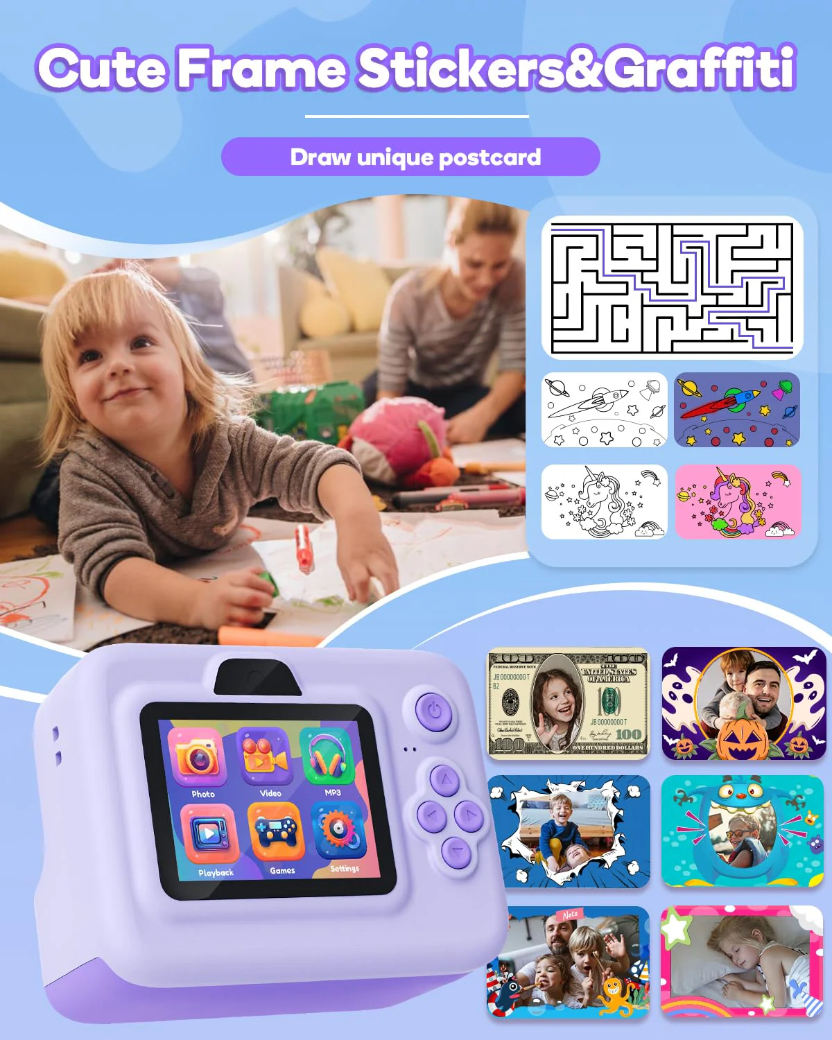 Dylanto Instant Print Camera for Kids,2.4 Inch Screen Kids Instant Cameras, Christmas Birthday Gifts for Girls Age 3-12, Portable Toddler Toy for 3 4 5 6 7 8 9 10 Year Old Girls Boys Purple - Image 3