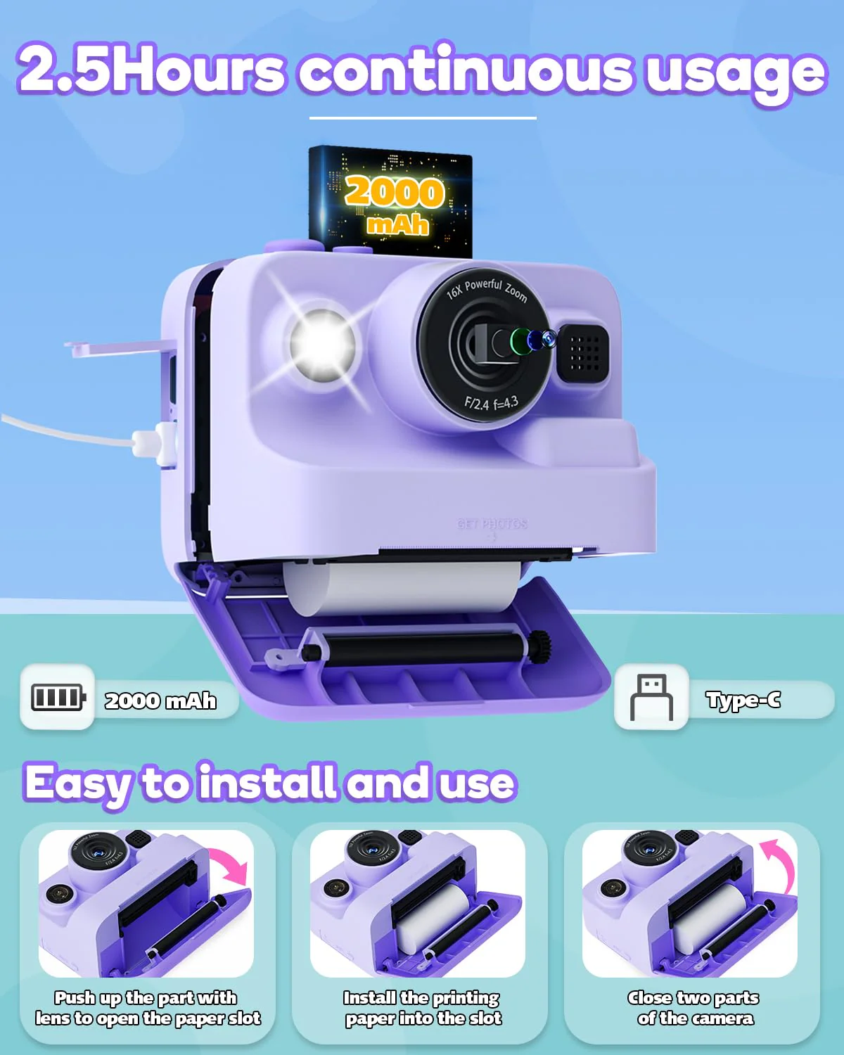 Dylanto Instant Print Camera for Kids,2.4 Inch Screen Kids Instant Cameras, Christmas Birthday Gifts for Girls Age 3-12, Portable Toddler Toy for 3 4 5 6 7 8 9 10 Year Old Girls Boys Purple - Image 6