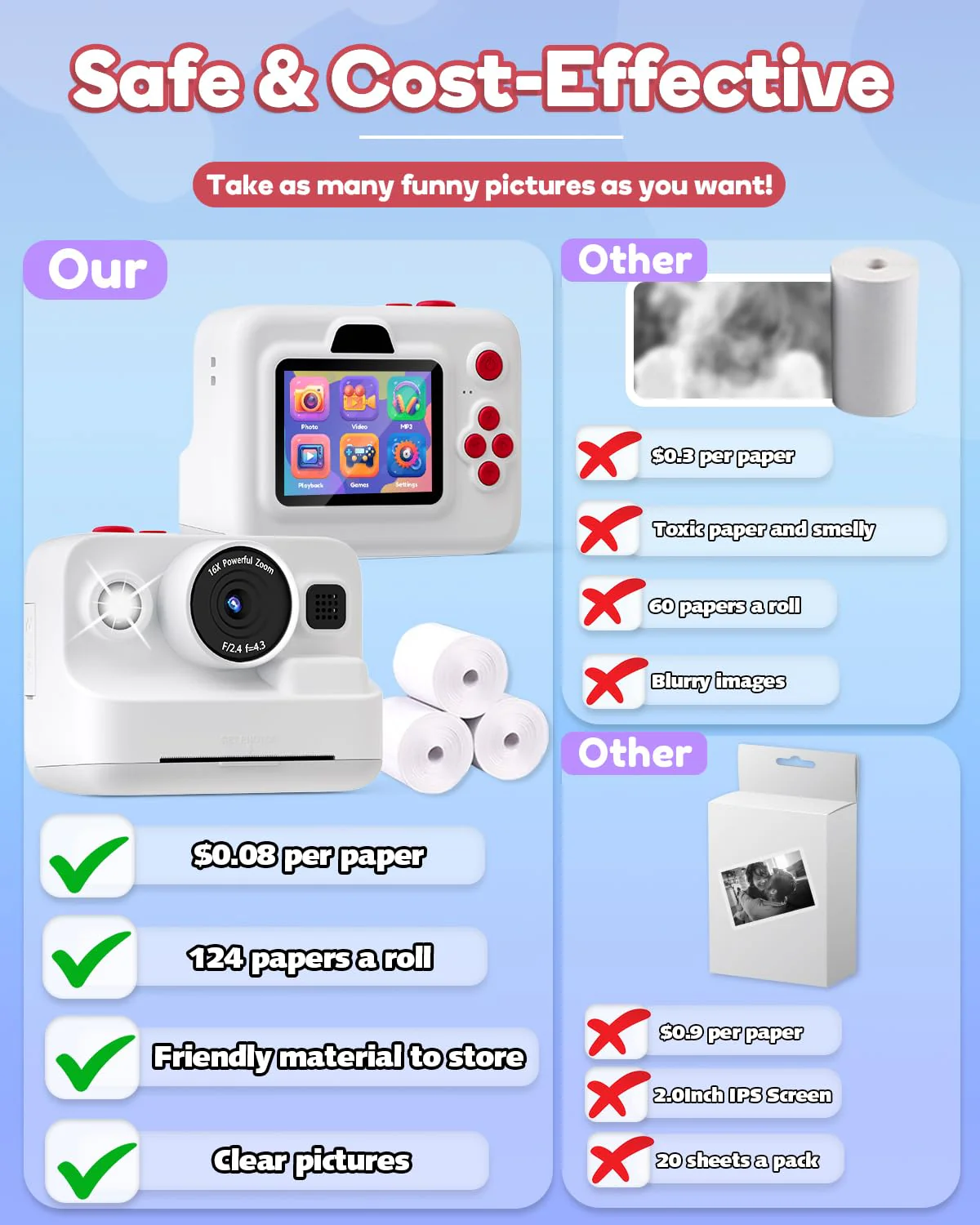 Dylanto Instant Print Camera for Kids,2.4 Inch Screen Kids Instant Cameras, Christmas Birthday Gifts for Girls Age 3-12, Portable Toddler Toy for 3 4 5 6 7 8 9 10 Year Old Girls Boys White - Image 5